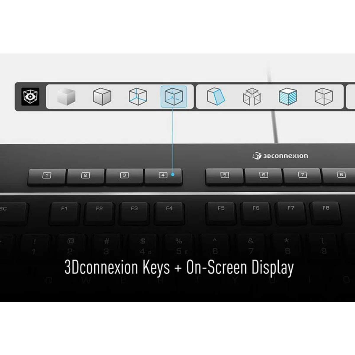 Teclado 3Dconnexion con teclas de acceso directo numeradas e iconos en pantalla.