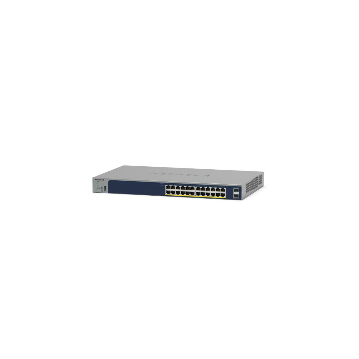 Czarno-srebrny przełącznik Netgear 24-portowy umieszczony na środku.