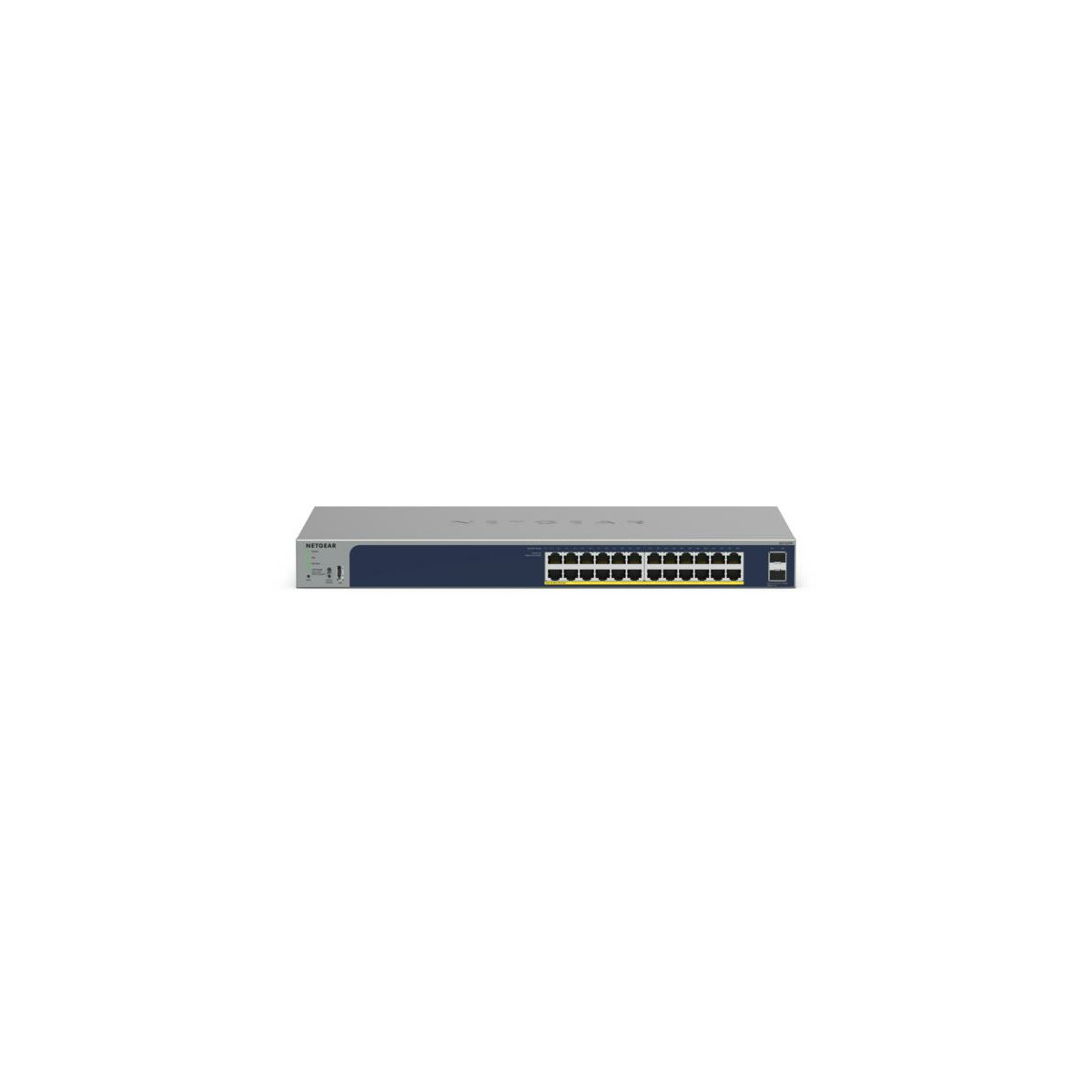 Srebrno-niebieski przełącznik sieciowy Netgear z 24 żółtymi portami Ethernet.