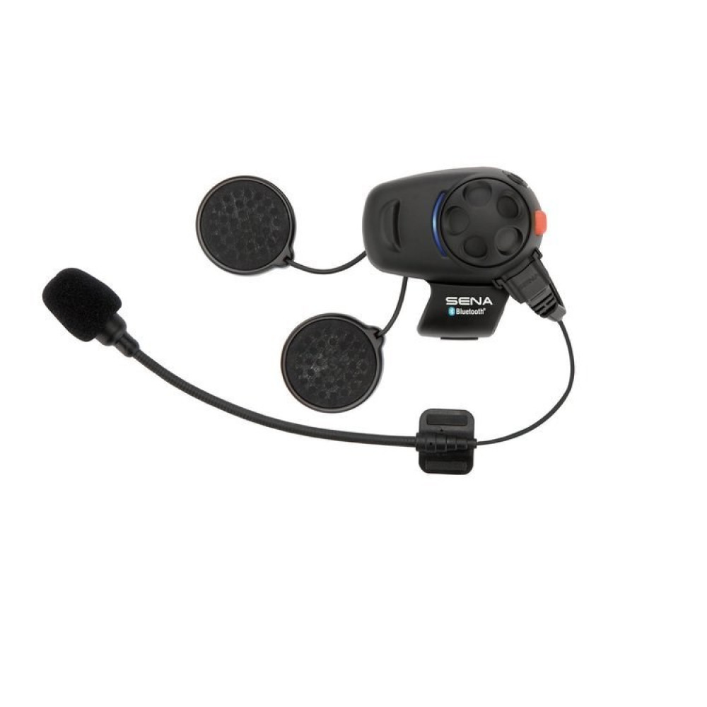 Un auricolare Bluetooth Sena nero con microfono e due auricolari.
