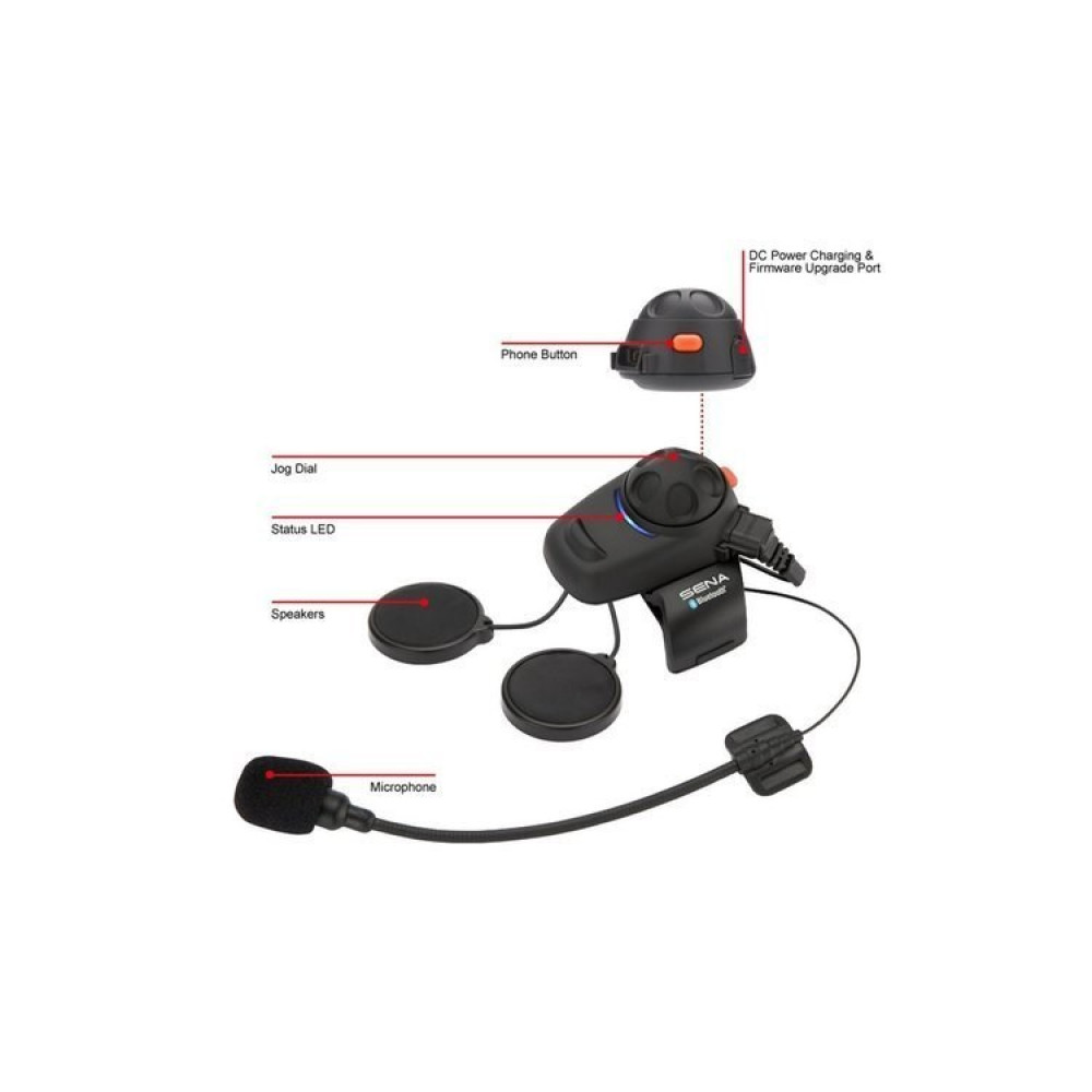 Auricolare Sena con microfono, altoparlanti, rotella e porta di ricarica.