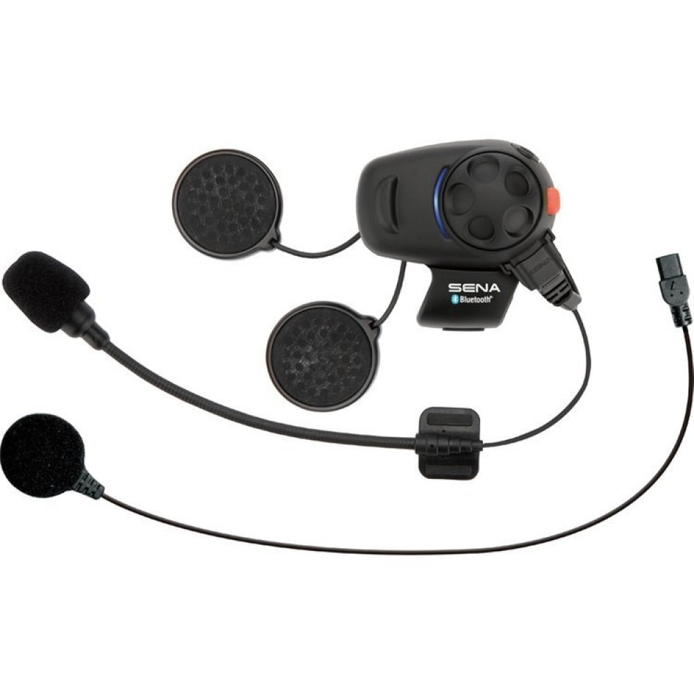 Sistema di comunicazione nero Sena Bluetooth per casco da moto con altoparlanti e microfono.