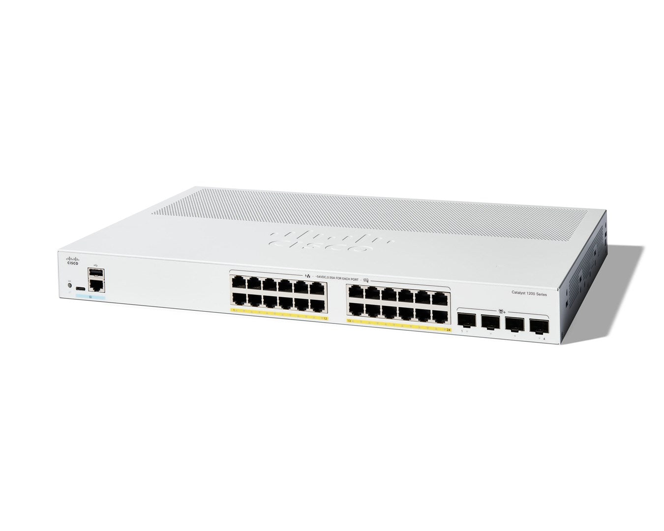 Biały przełącznik Cisco Catalyst 1200 Series z 24 portami na białym tle.