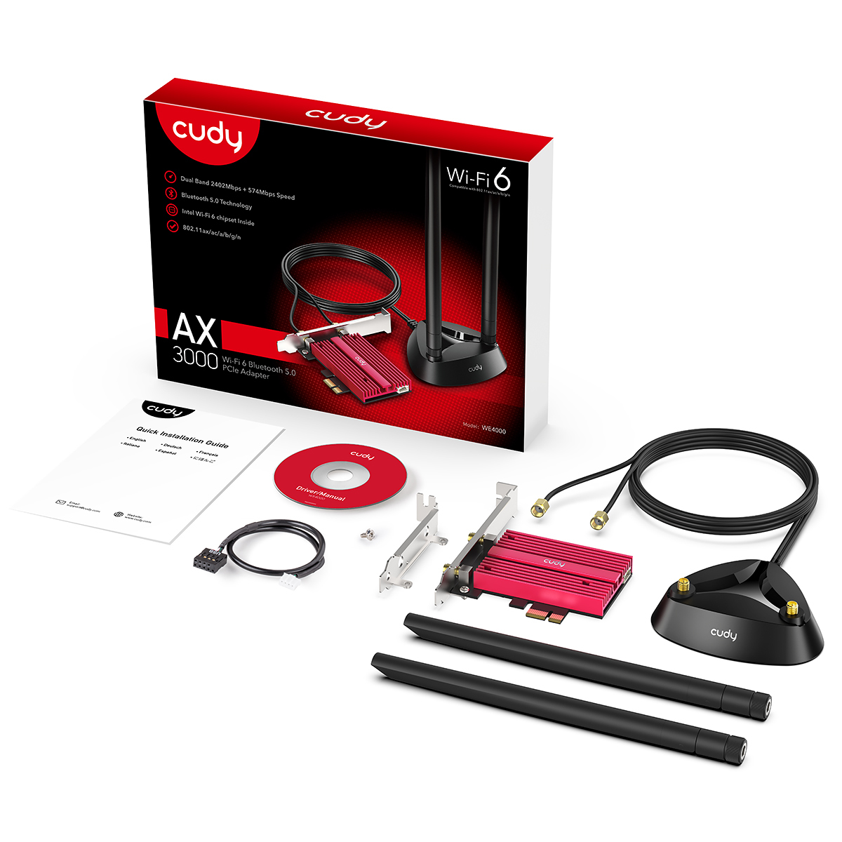 Zestaw adaptera Cudy Wi-Fi 6 PCIe z antenami, instrukcją i płytą CD.