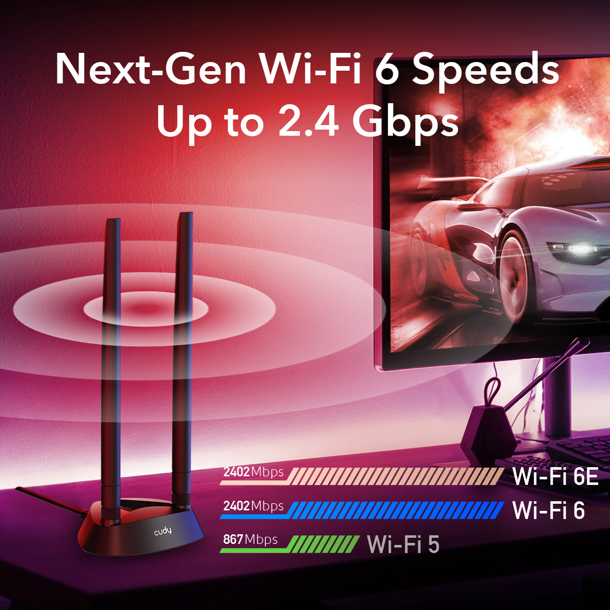 Router Cudy: Wi-Fi 6E do 2.4 Gbps. Router po lewej, samochód wyścigowy na monitorze po prawej.