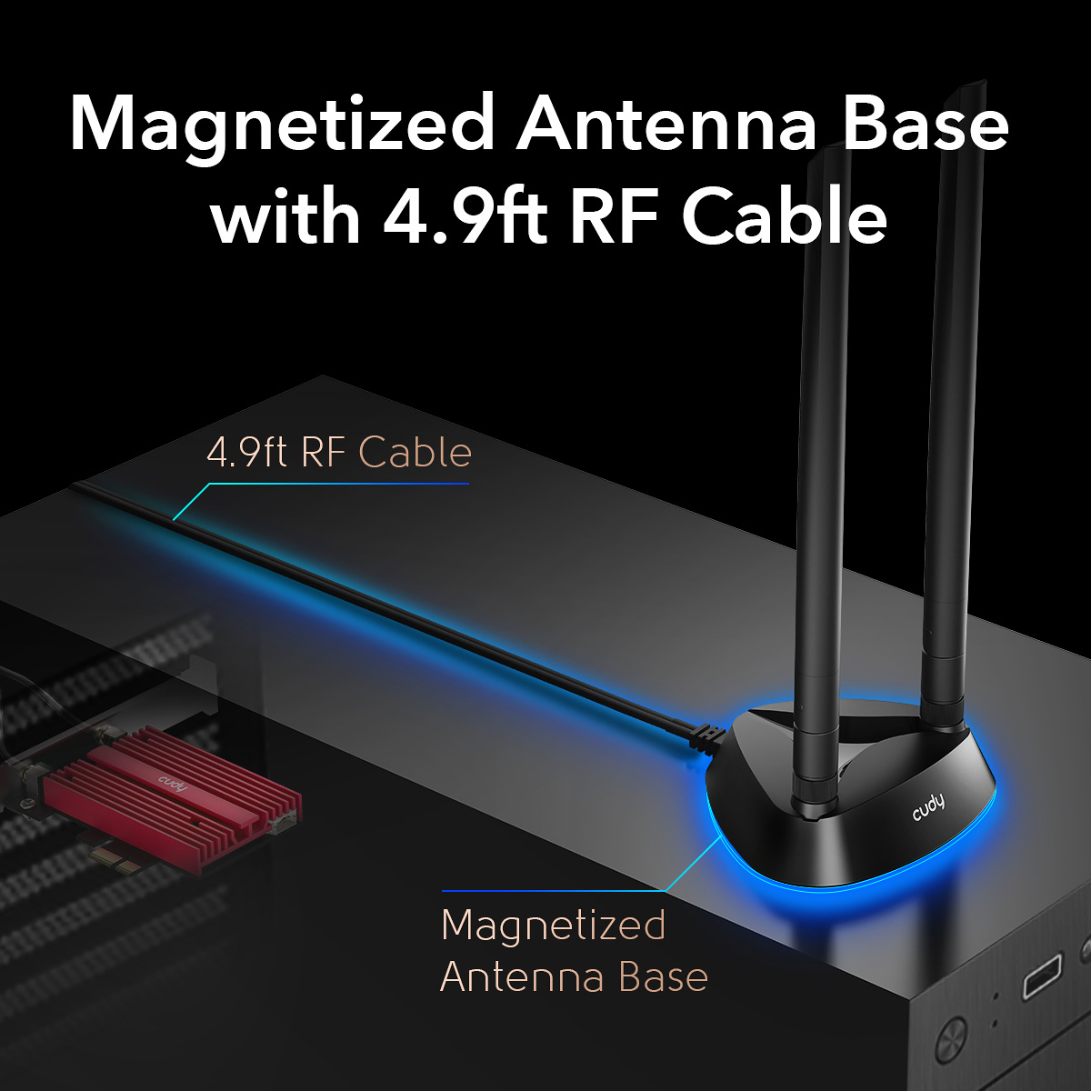 Magnetyczna podstawa anteny z kablem RF 4,9 stopy podłączona do czerwonego urządzenia.
