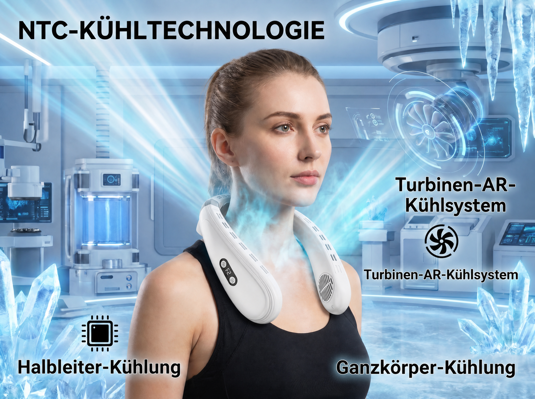 Eine Frau trägt einen weißen Nackenlüfter in einer futuristischen Umgebung mit Eis und Technologie.