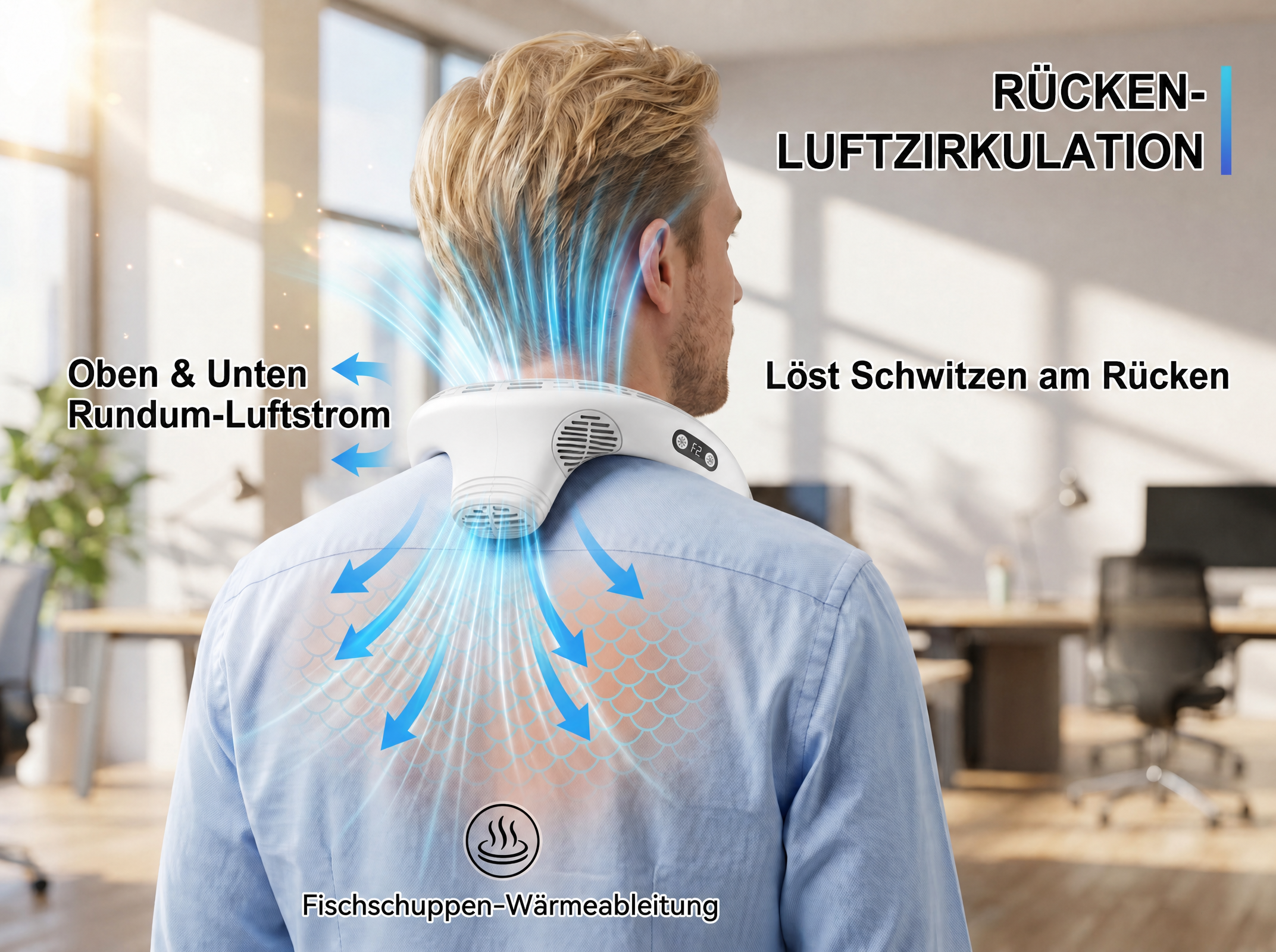Ein Mann trägt einen weißen Nackenlüfter, der Luft um den Rücken zirkuliert.