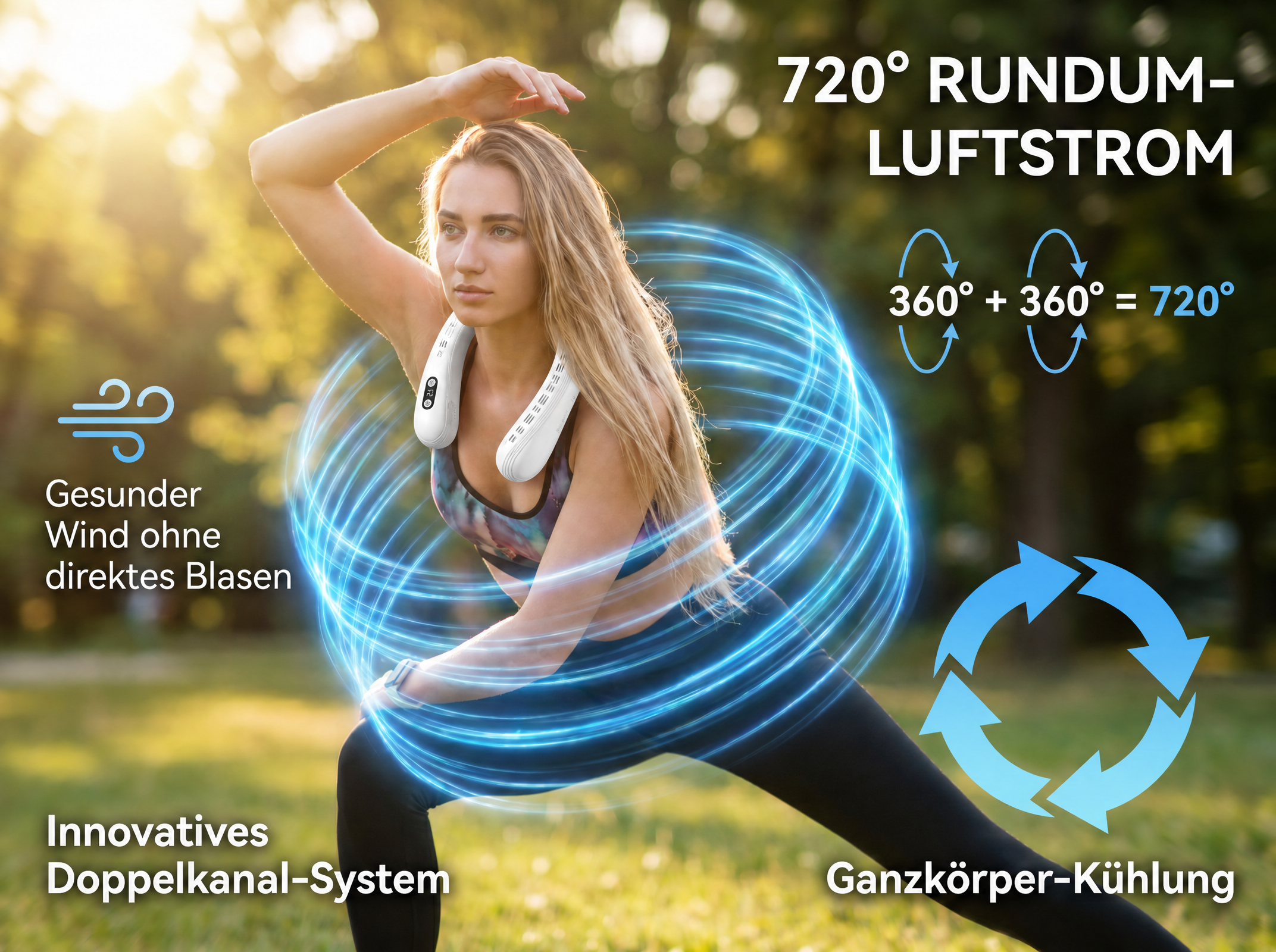 Frau im Freien mit einem Nackenfächer, der 720° Luftstrom anzeigt.