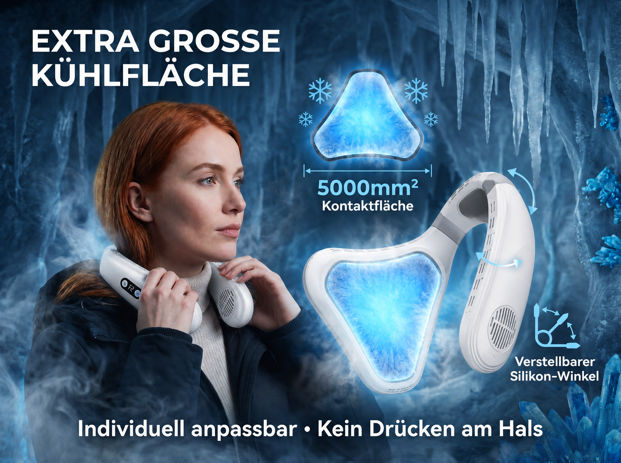 Frau mit weißem Nackenlüfter vor eisiger Kulisse, der eine große Kühlfläche anzeigt.