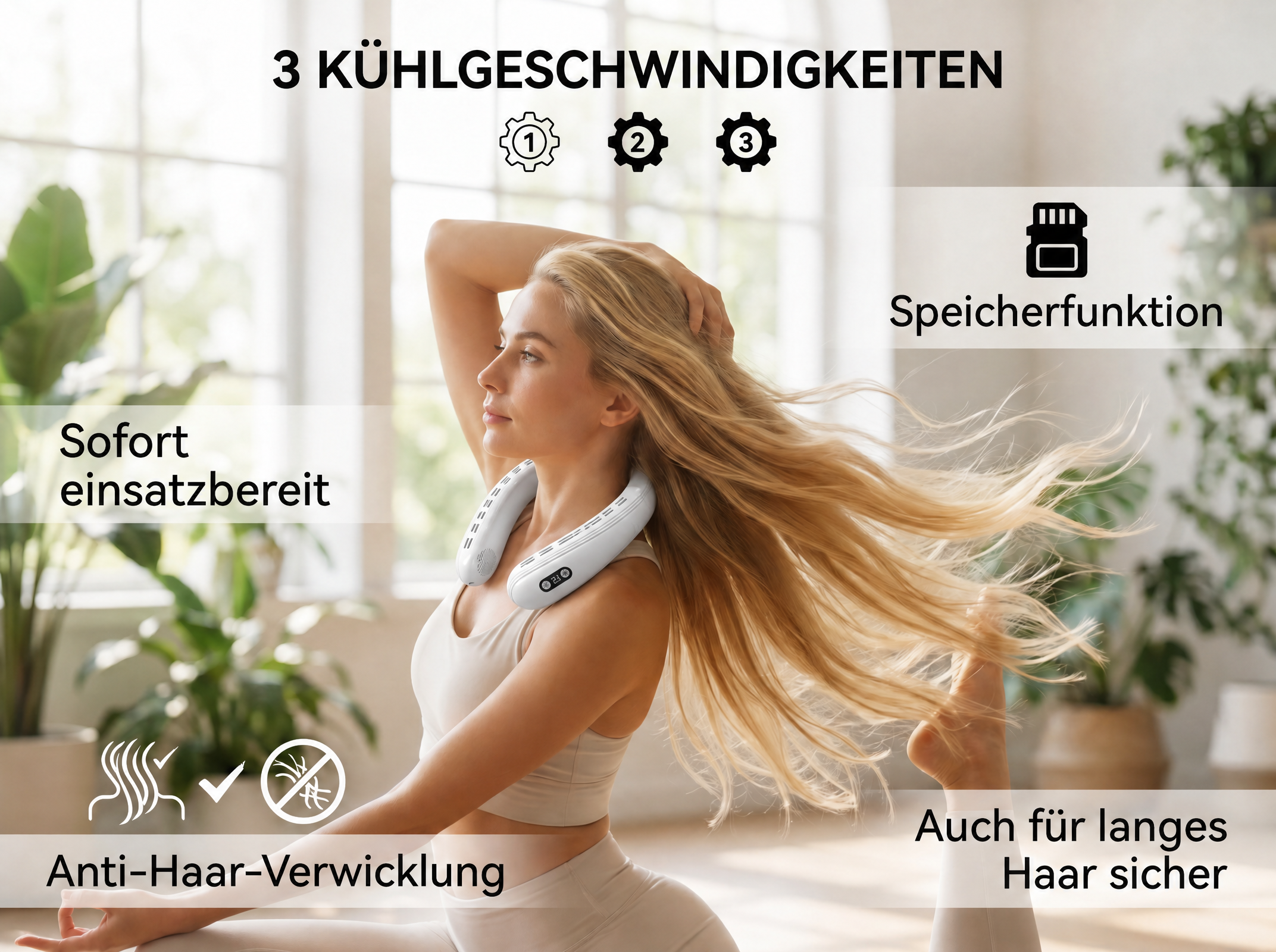 Eine Frau mit einem Nackenventilator, der 3 Kühlgeschwindigkeiten und Speicherfunktion bietet.
