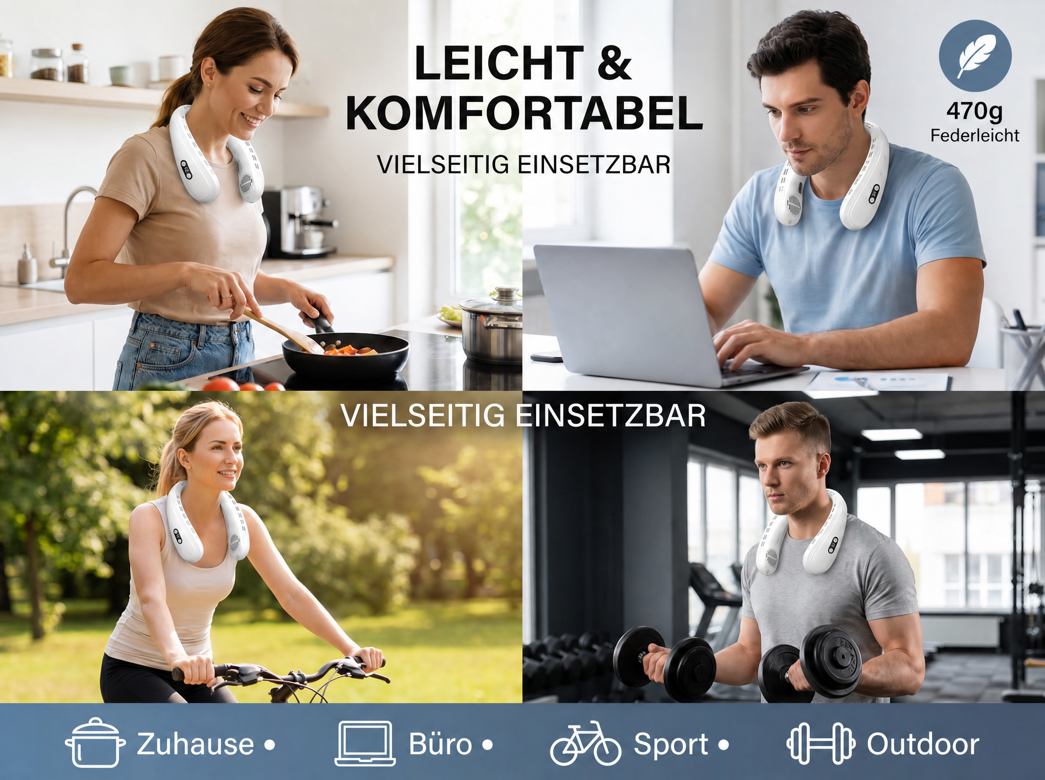 Vier Szenen: Kochen, am Laptop, Radfahren und Gewichte heben.