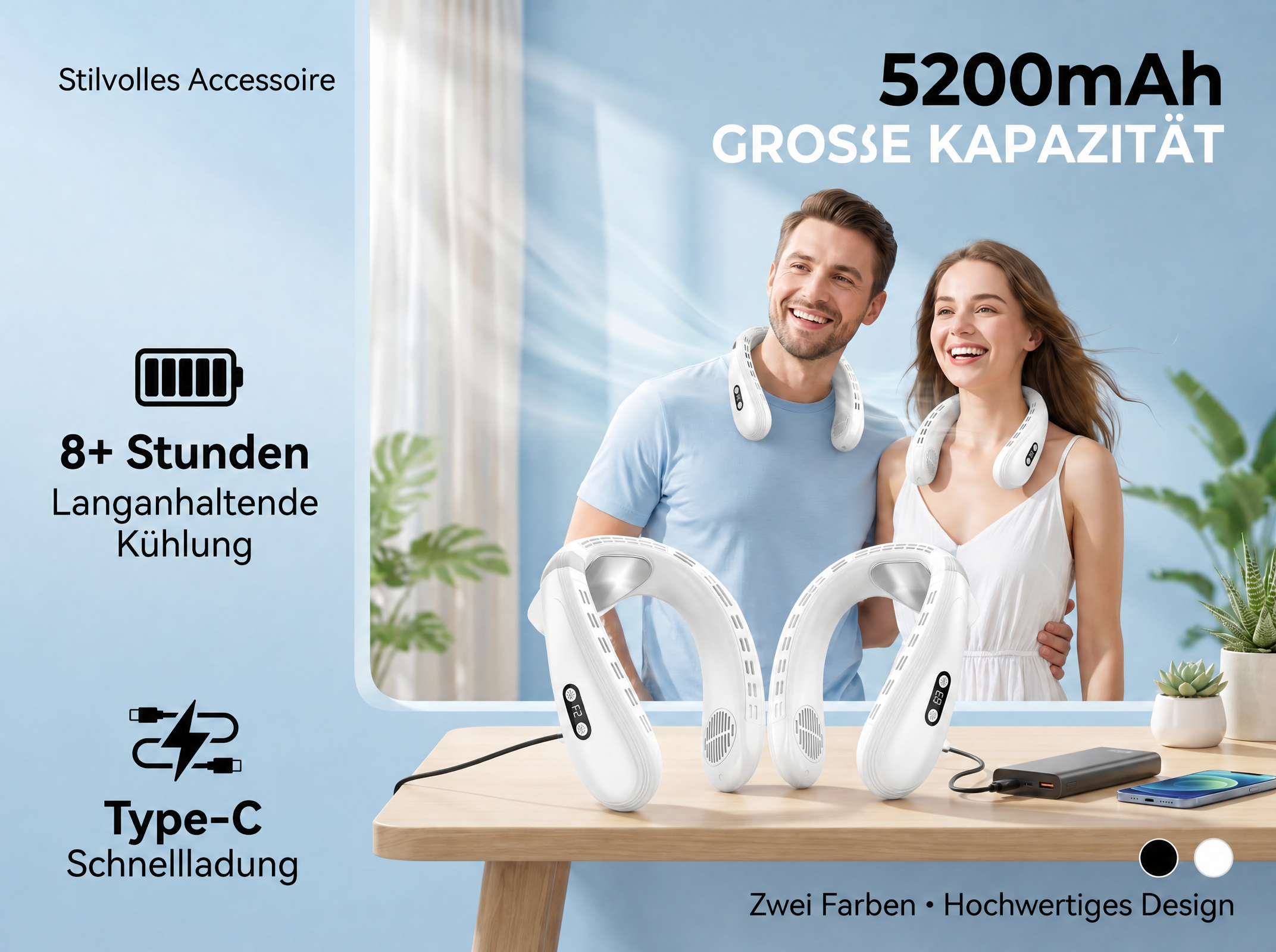Ein Paar trägt tragbare Lüfter; 5200mAh Kapazität, 8+ Std Kühlung, Type-C Laden.