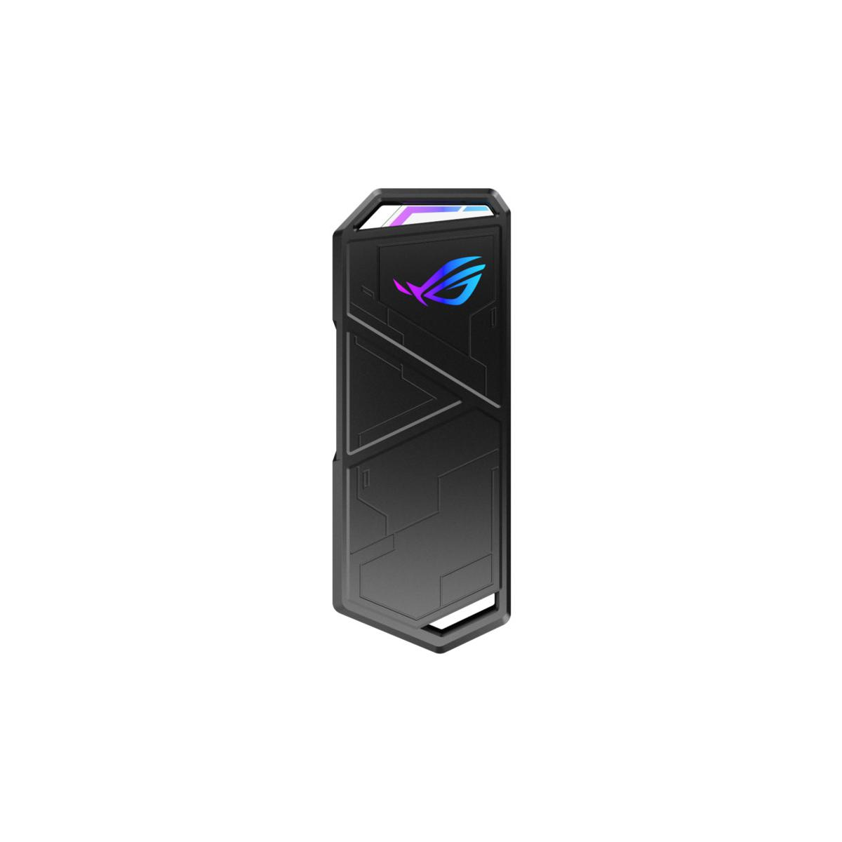 Czarny, prostokątny sprzęt z logo ROG i oświetleniem RGB.