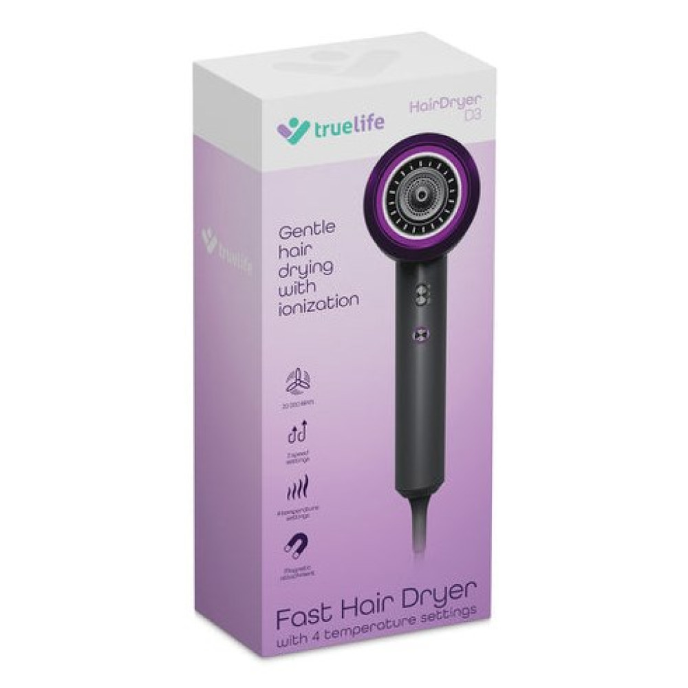 Confezione di un asciugacapelli nero con accenti viola e scritta del marchio.