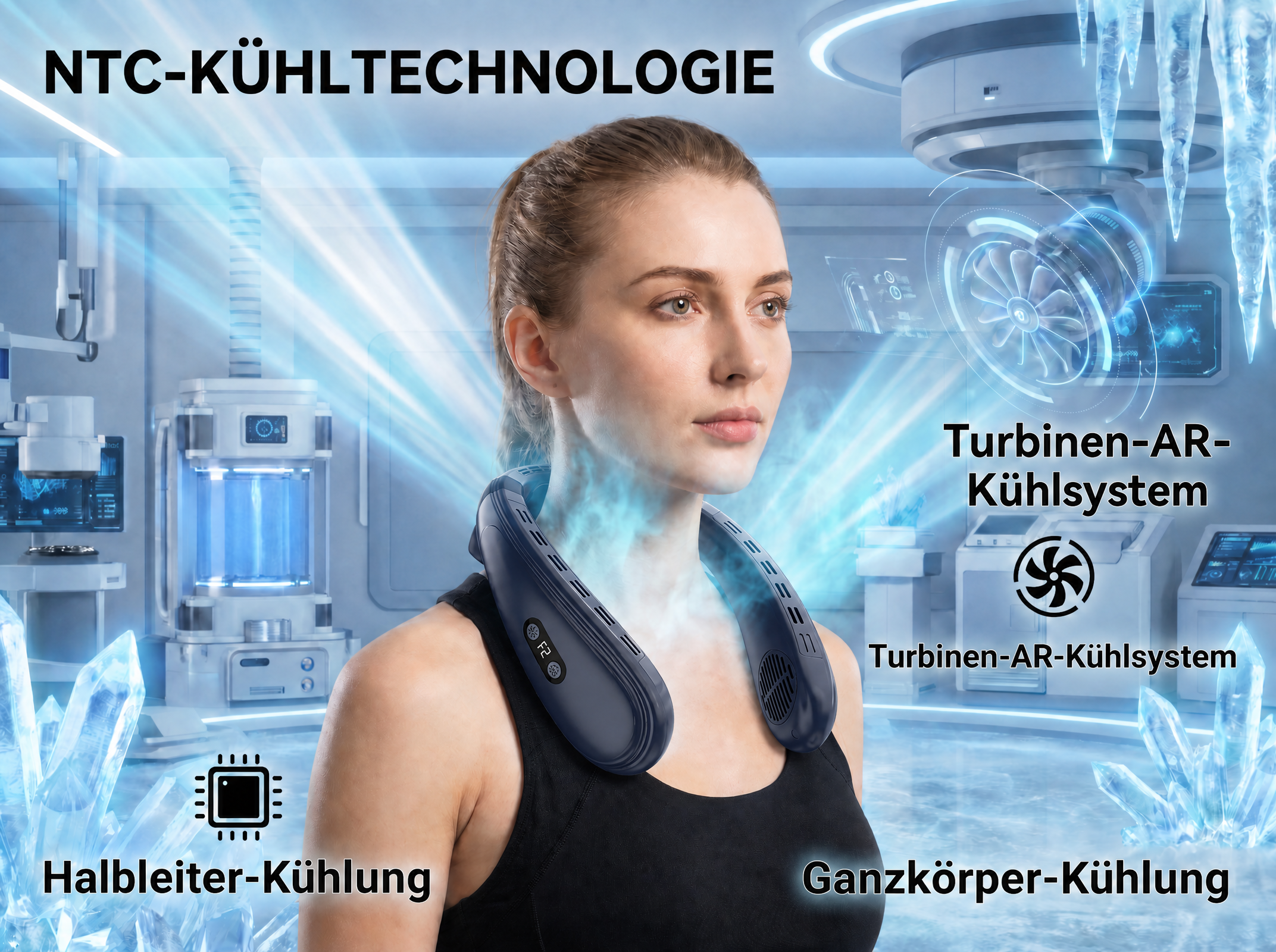 Frau mit NTC-Kühltechnologie-Halslüfter, der blaue Kühldampf abgibt.