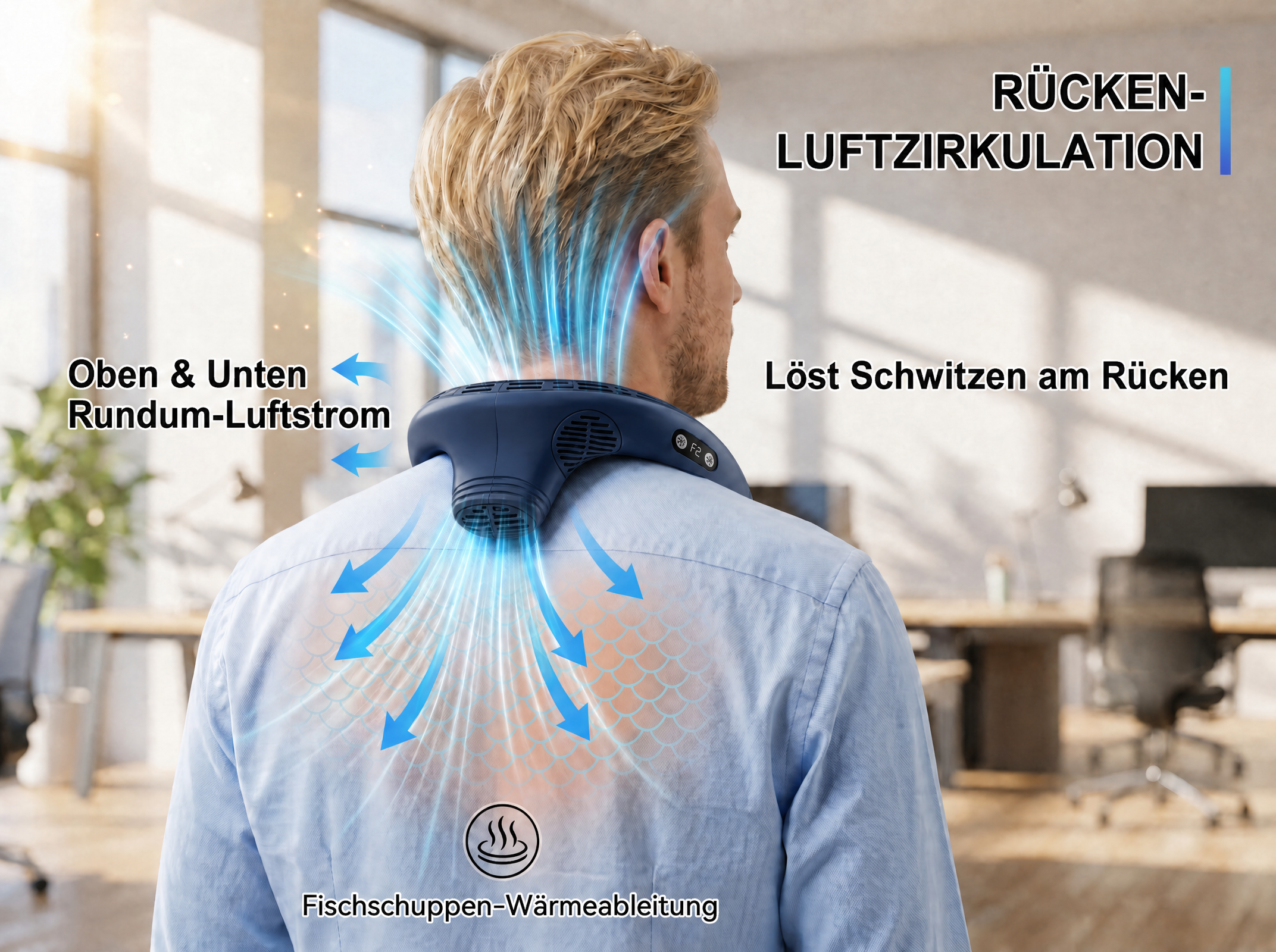 Mann mit Halslüfter, der Luft auf seinen Rücken bläst, um Schwitzen zu lindern.