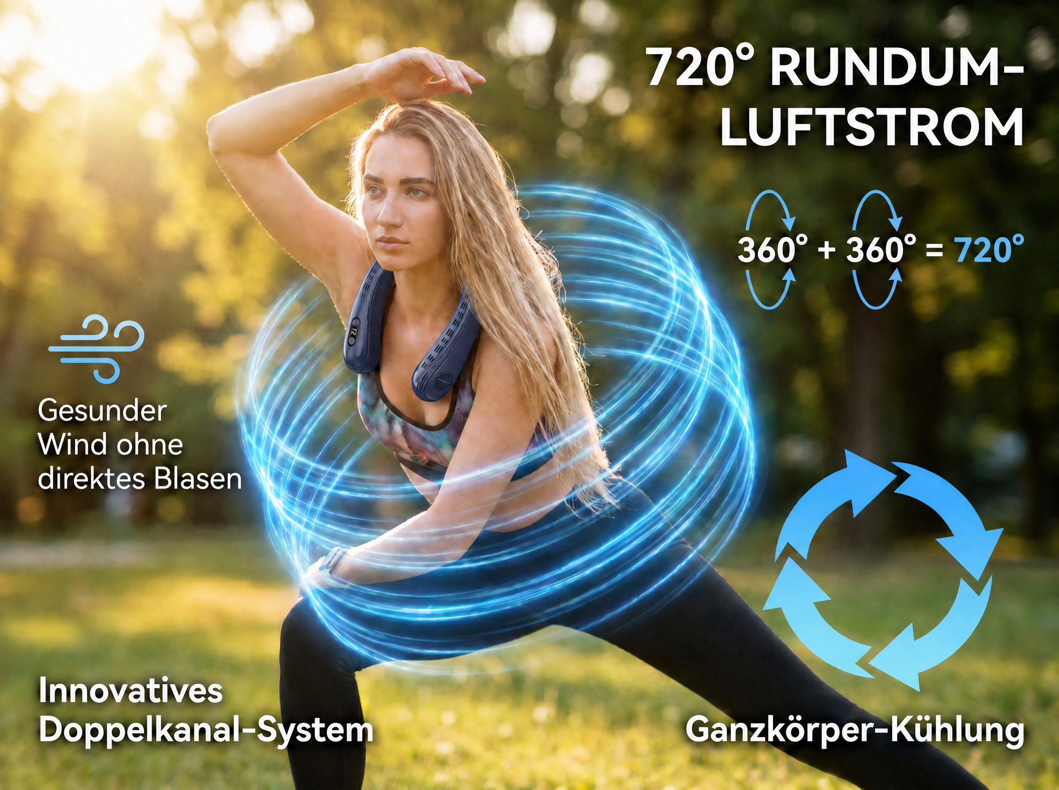 Frau mit Nackenventilator, 720° Luftstrom, gesunder Wind ohne direktes Blasen.