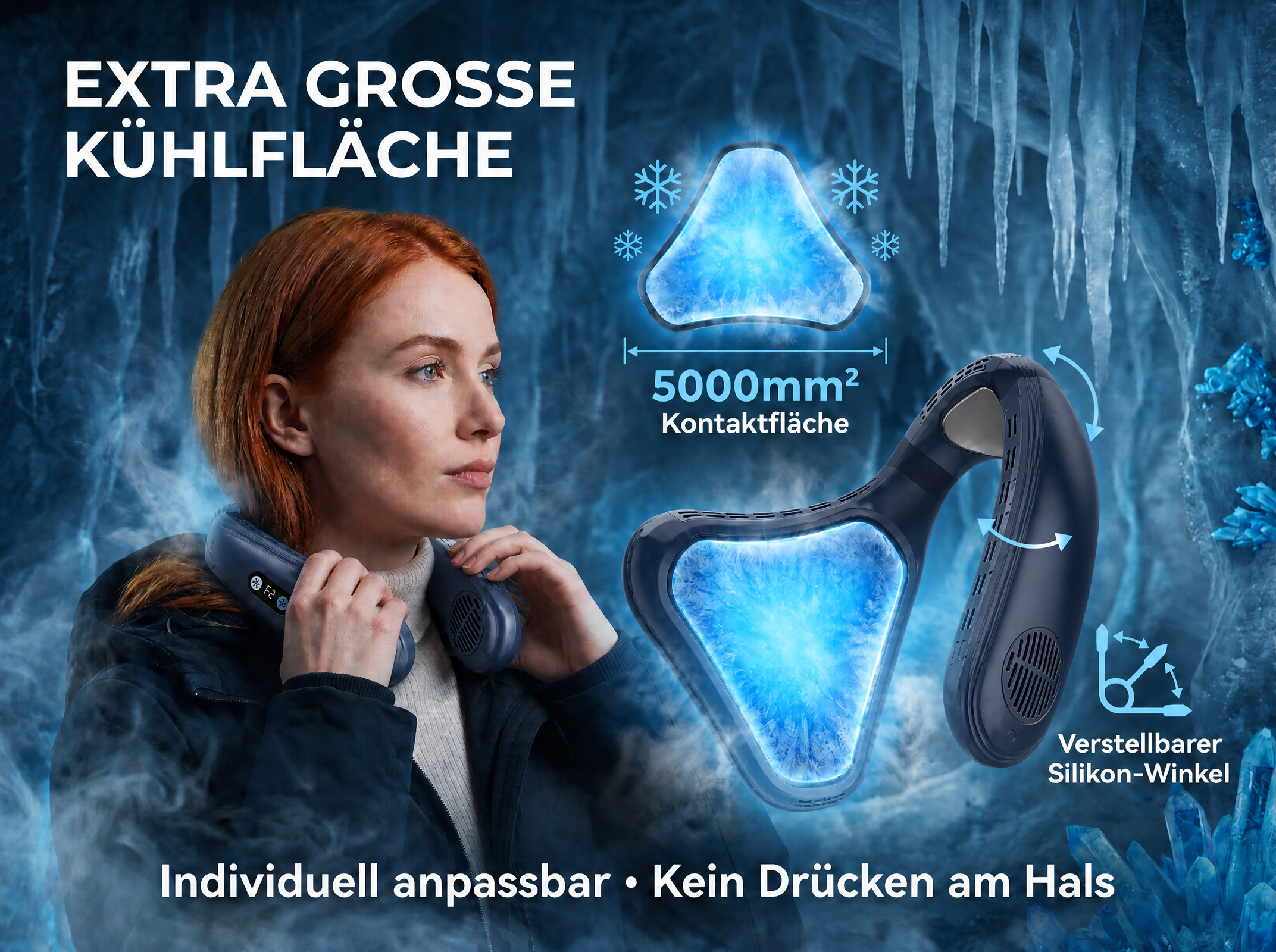 Frau mit blauem Nackenlüfter vor eisiger Kulisse. Große Kühlfläche.