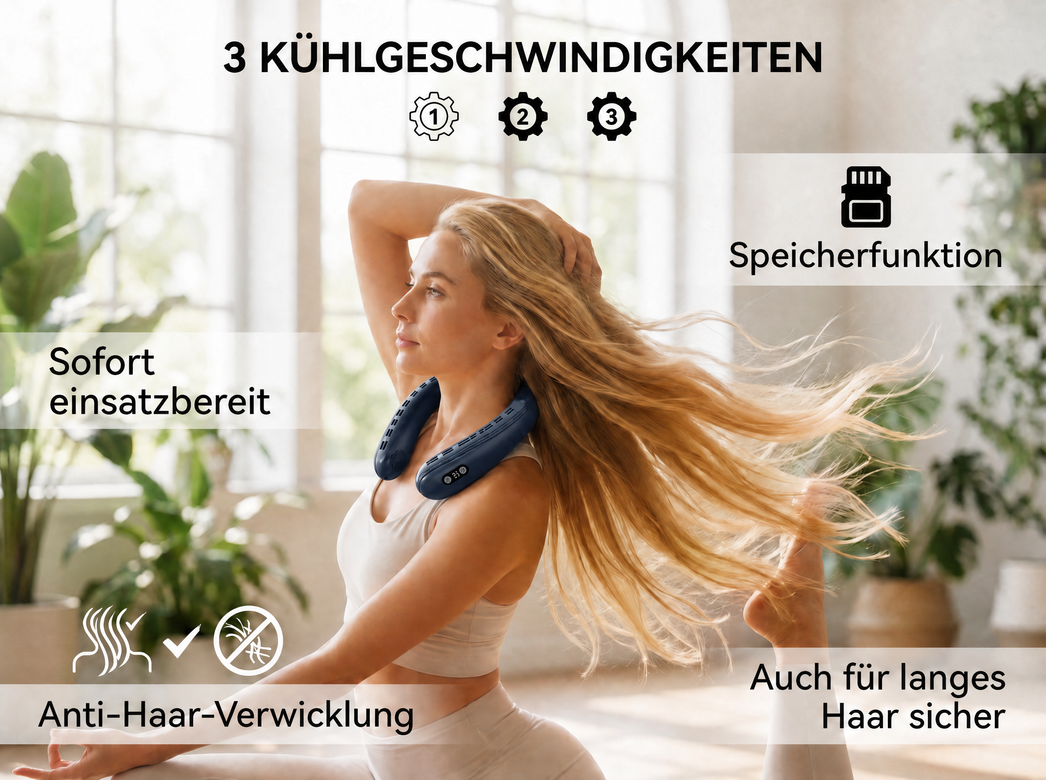 Frau mit Halsventilator, 3 Kühlstufen, Speicherfunktion, sofort einsatzbereit.