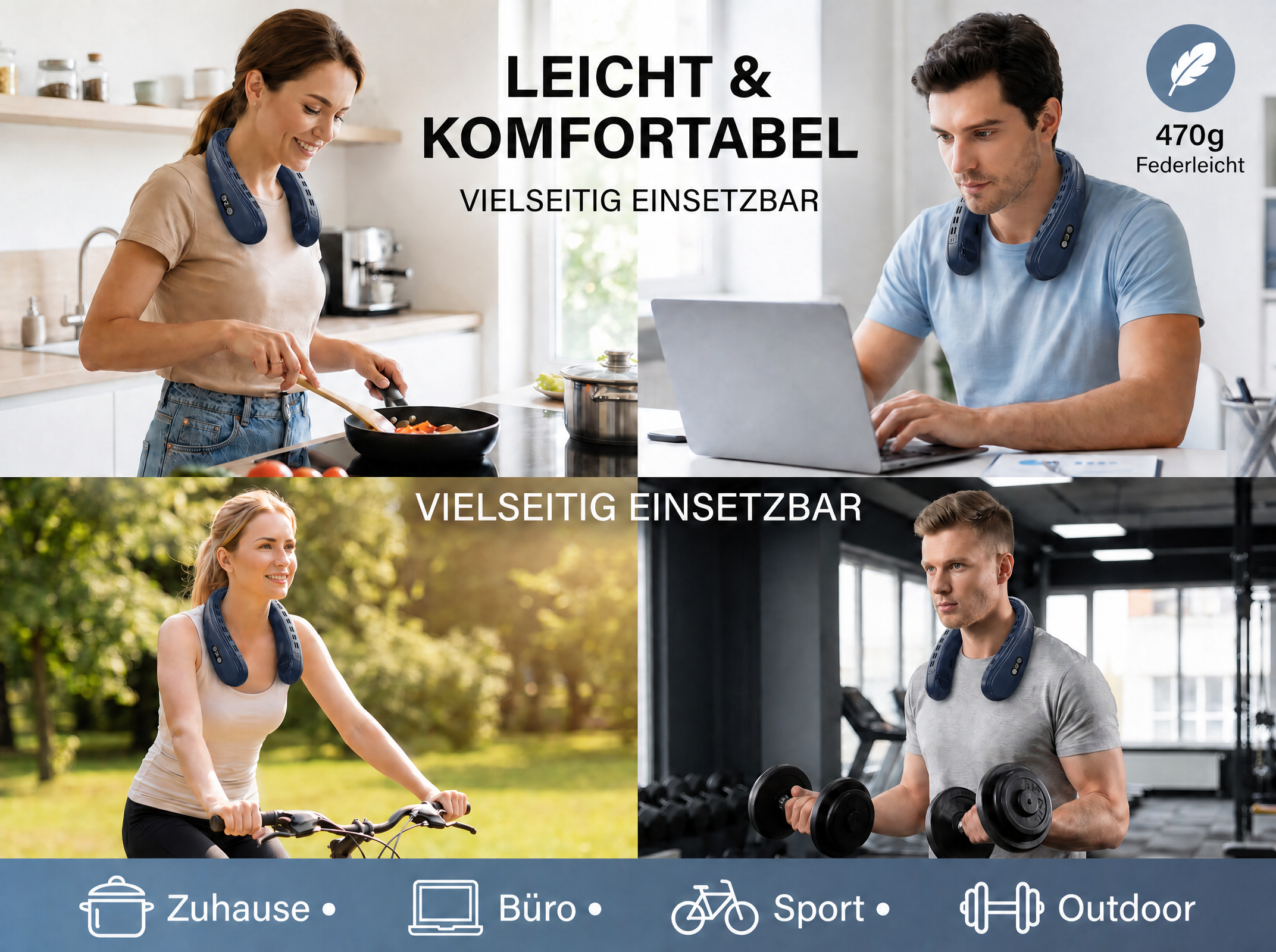 Vier Szenen zeigen einen Nackenlüfter: Kochen, Büro, Radfahren, Fitness.