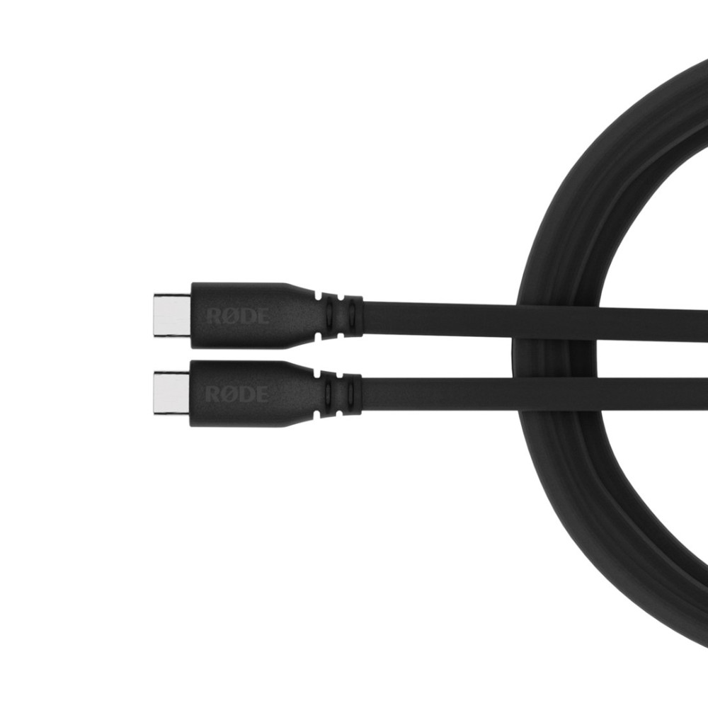 Dwa czarne kable USB-C z logo RODE na białym tle.