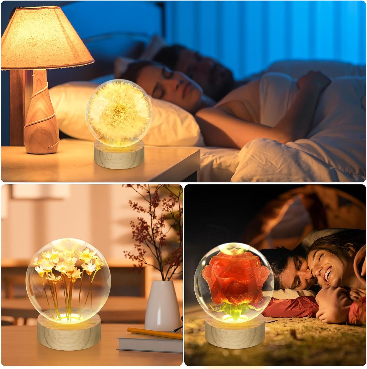 Ein Paar schläft im Bett, daneben eine Lampe und eine Glaskugel mit Löwenzahn.