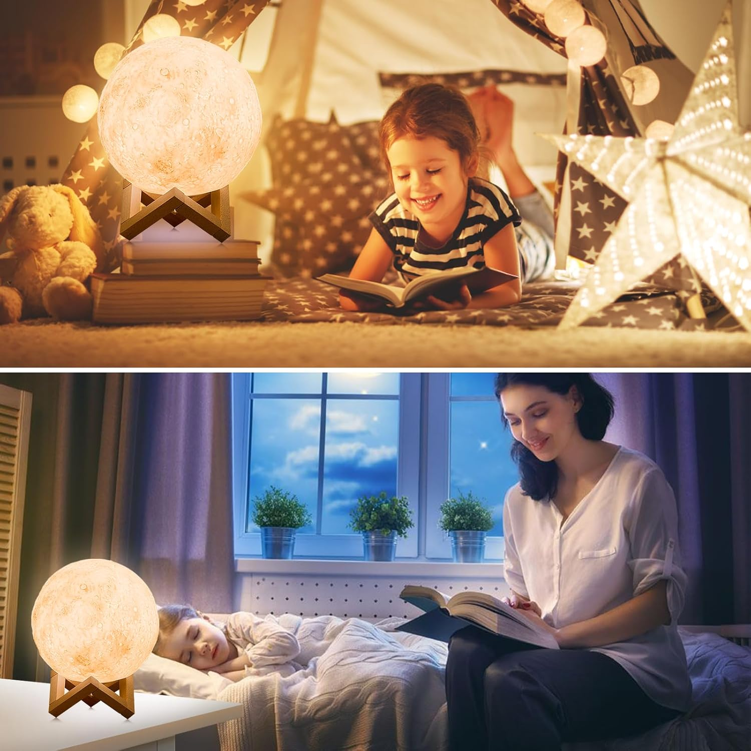 Ein Mädchen liest in einem Zelt, eine Frau liest im Bett.