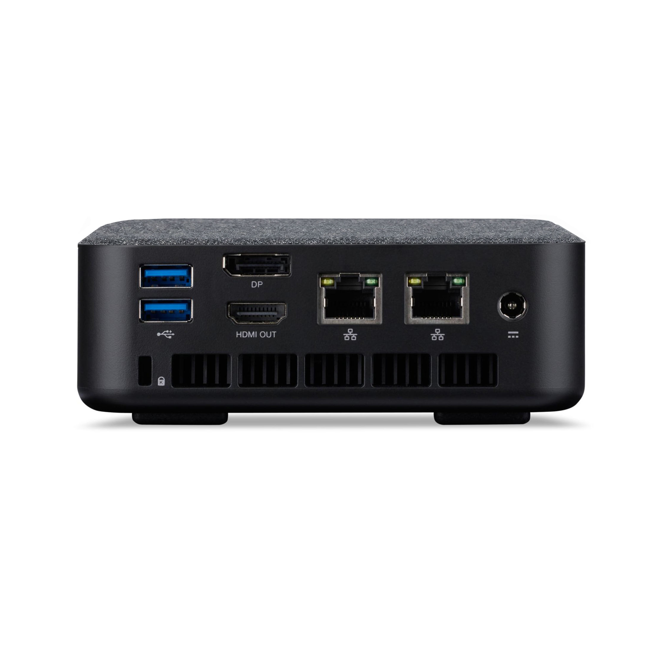 Rückseite eines schwarzen Mini-PCs mit Anschlüssen: 2x USB, DP, HDMI OUT, 2x Ethernet, Stromanschluss.
