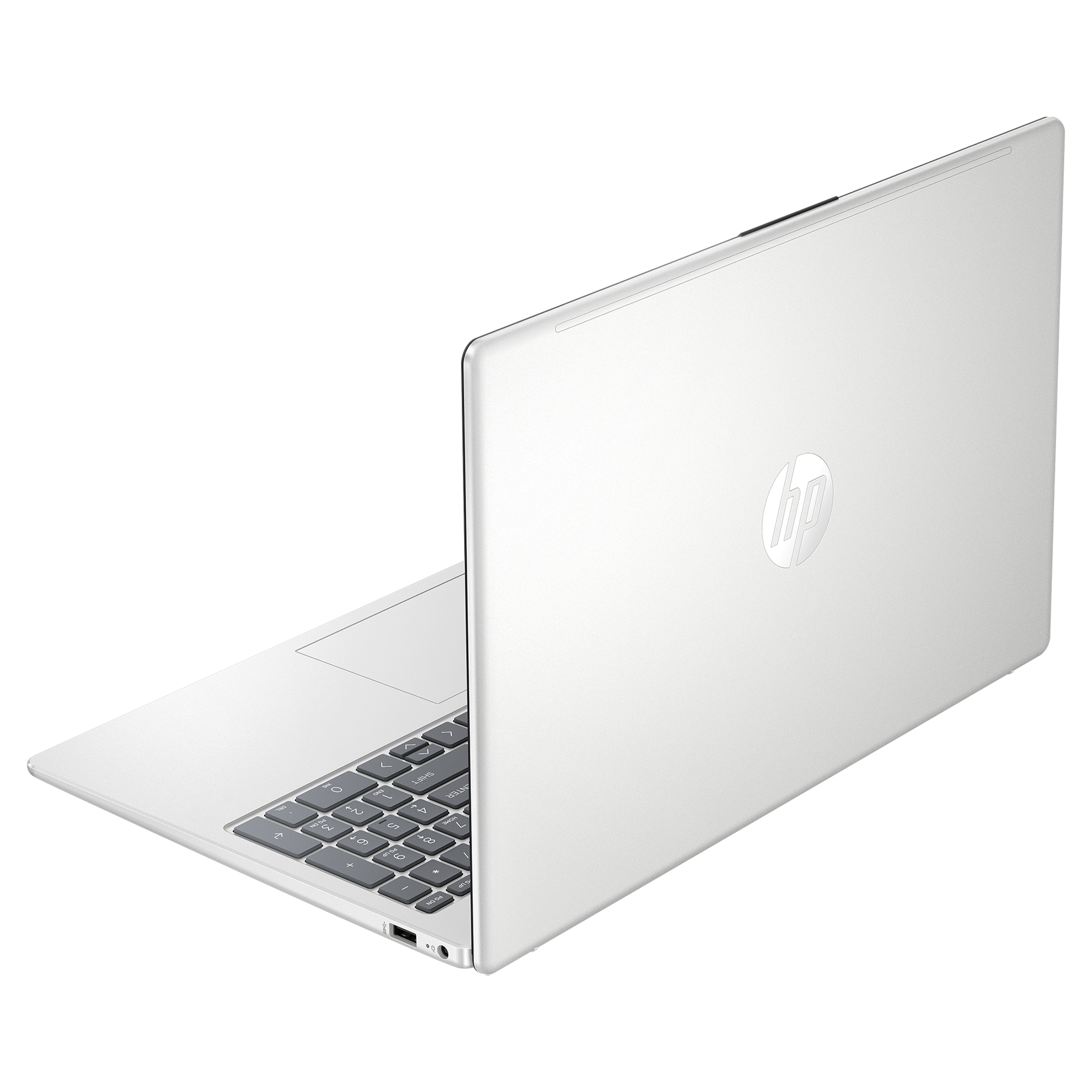 Arkadan görünümüyle, kapakta HP logosu olan gümüş renkli dizüstü bilgisayar.
