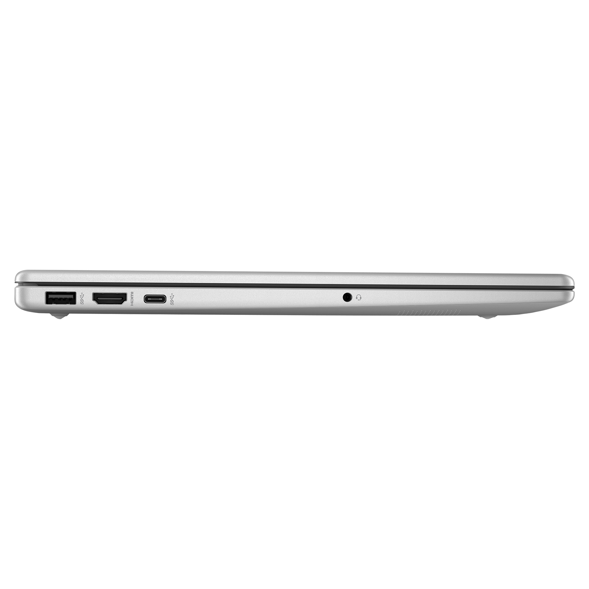 Gümüş dizüstü bilgisayar kenarı USB, HDMI ve USB-C bağlantı noktalarıyla.