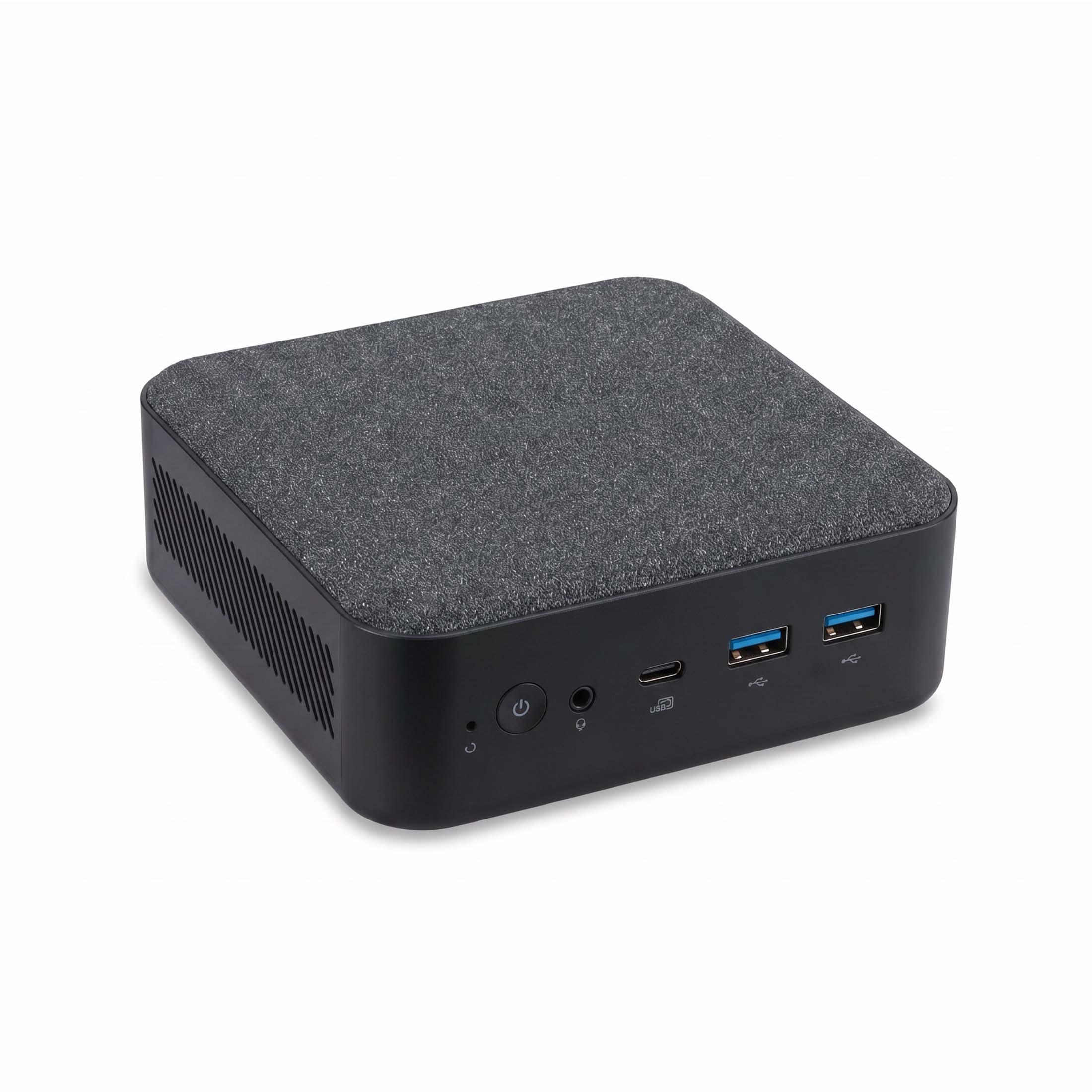 Kleiner schwarzer Computer mit grauer Oberseite, USB- und Audioanschlüssen.