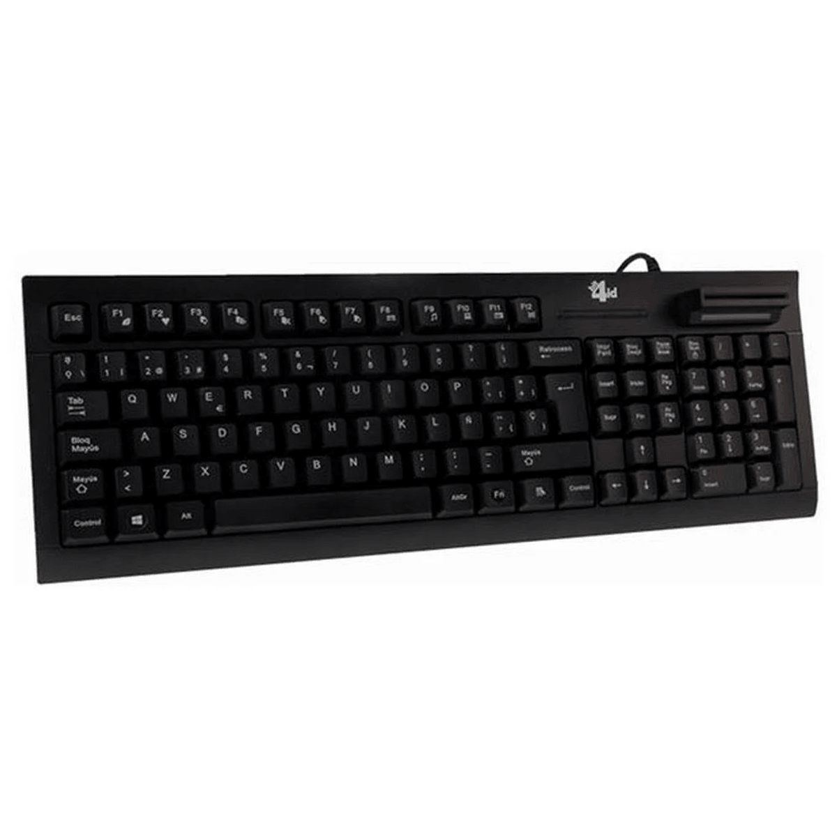 Teclado de computadora negro con teclas y teclado numérico.