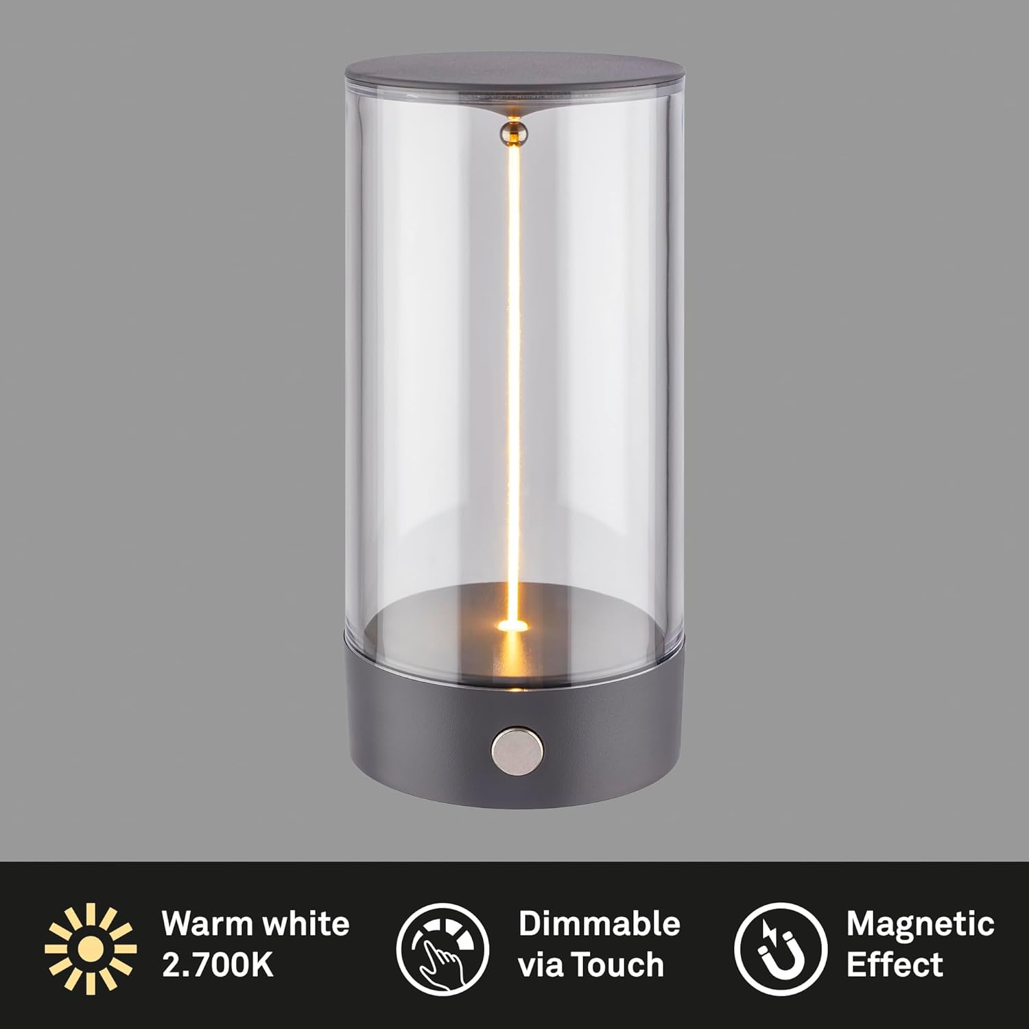 Eine zylindrische Lampe mit Glaszylinder, grauer Basis und warmweißer LED.