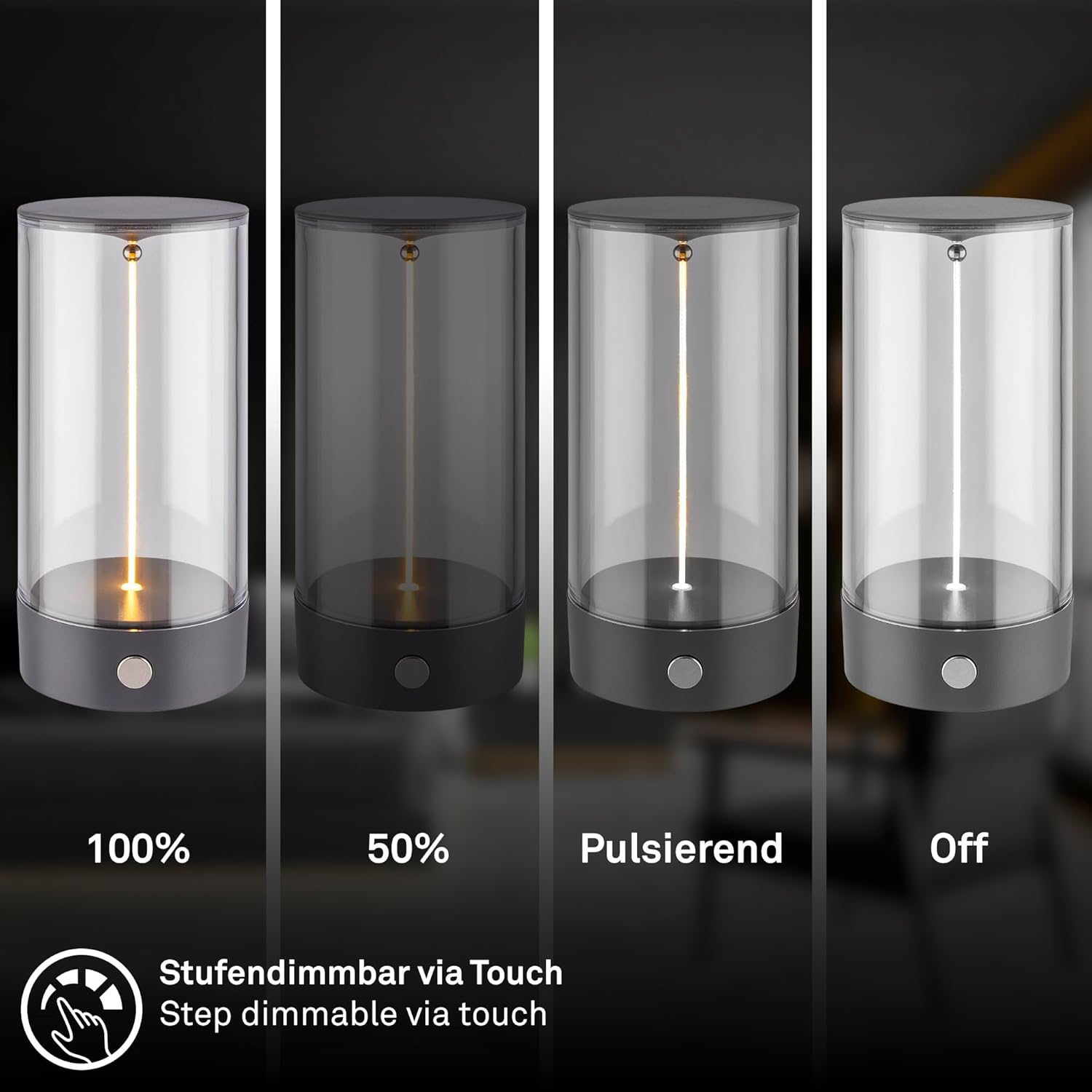 Vier Lampen zeigen 100%, 50%, pulsierend und aus. Berührungsempfindliche Dimmfunktion.