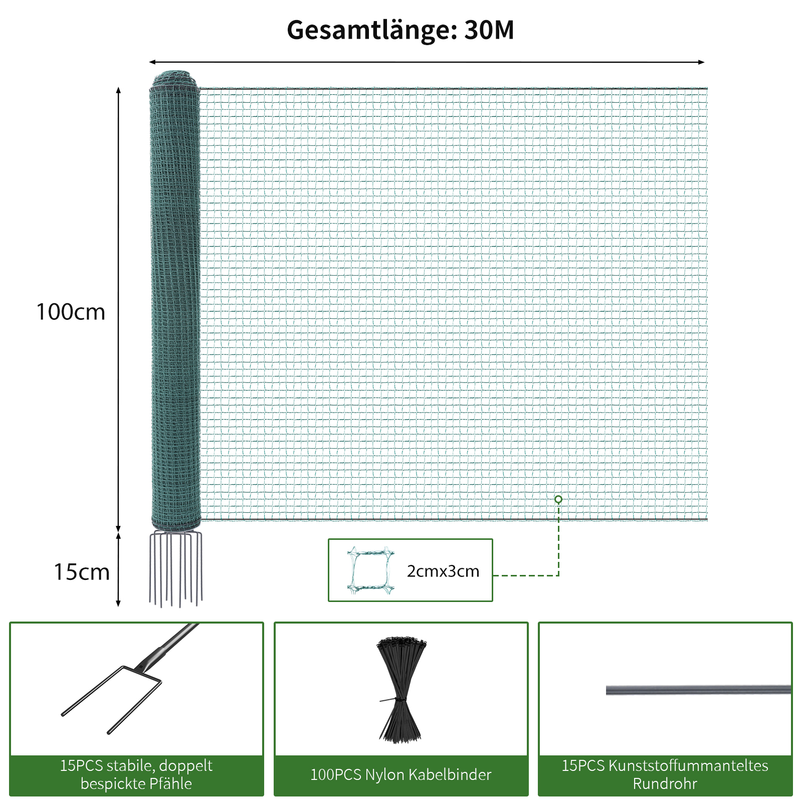Grünes Netz, 100cm hoch, 30M lang. Zubehör: Pfähle, Kabelbinder, Rohre.