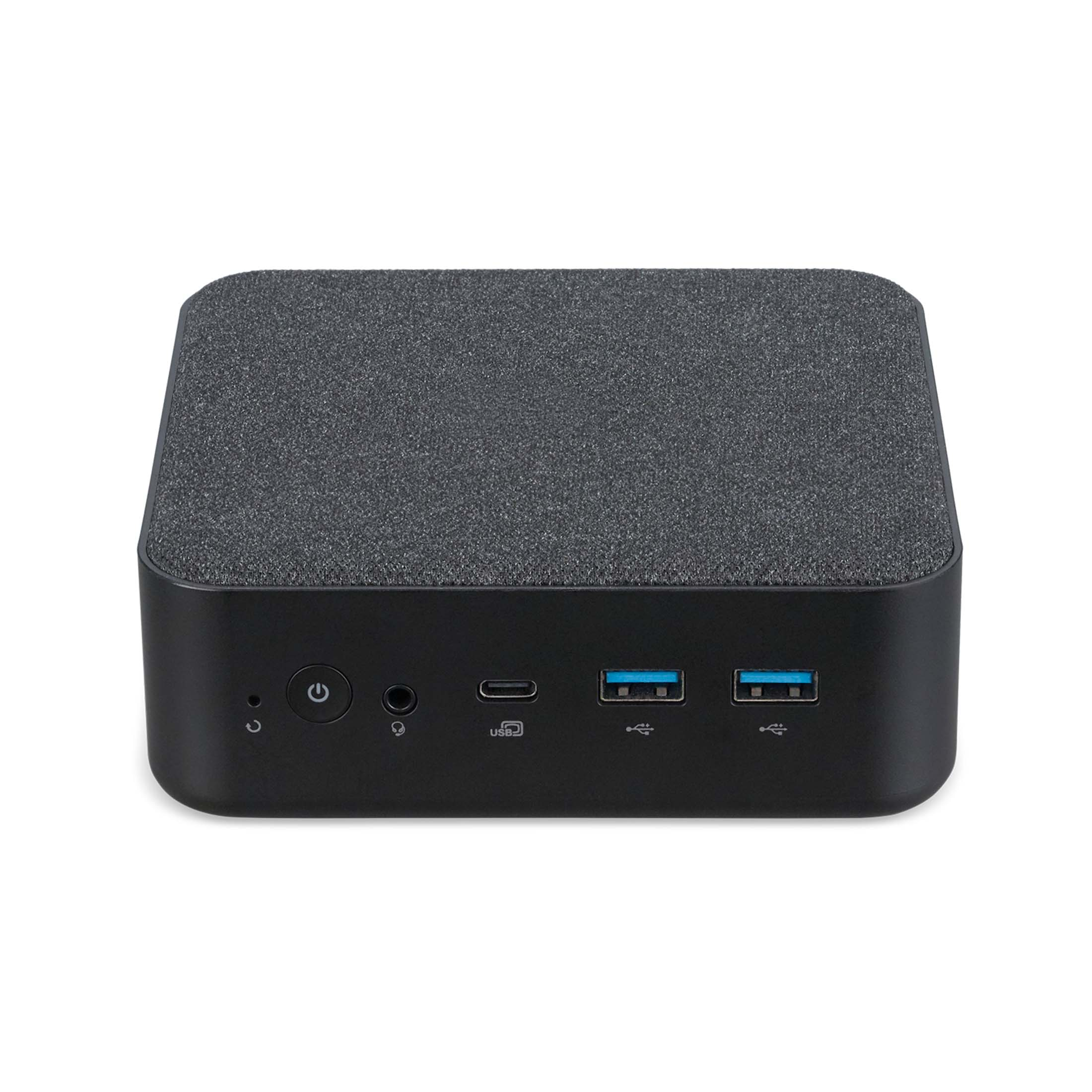 Kleiner schwarzer Computer mit Netzschalter, USB-C und USB-A Anschlüssen.