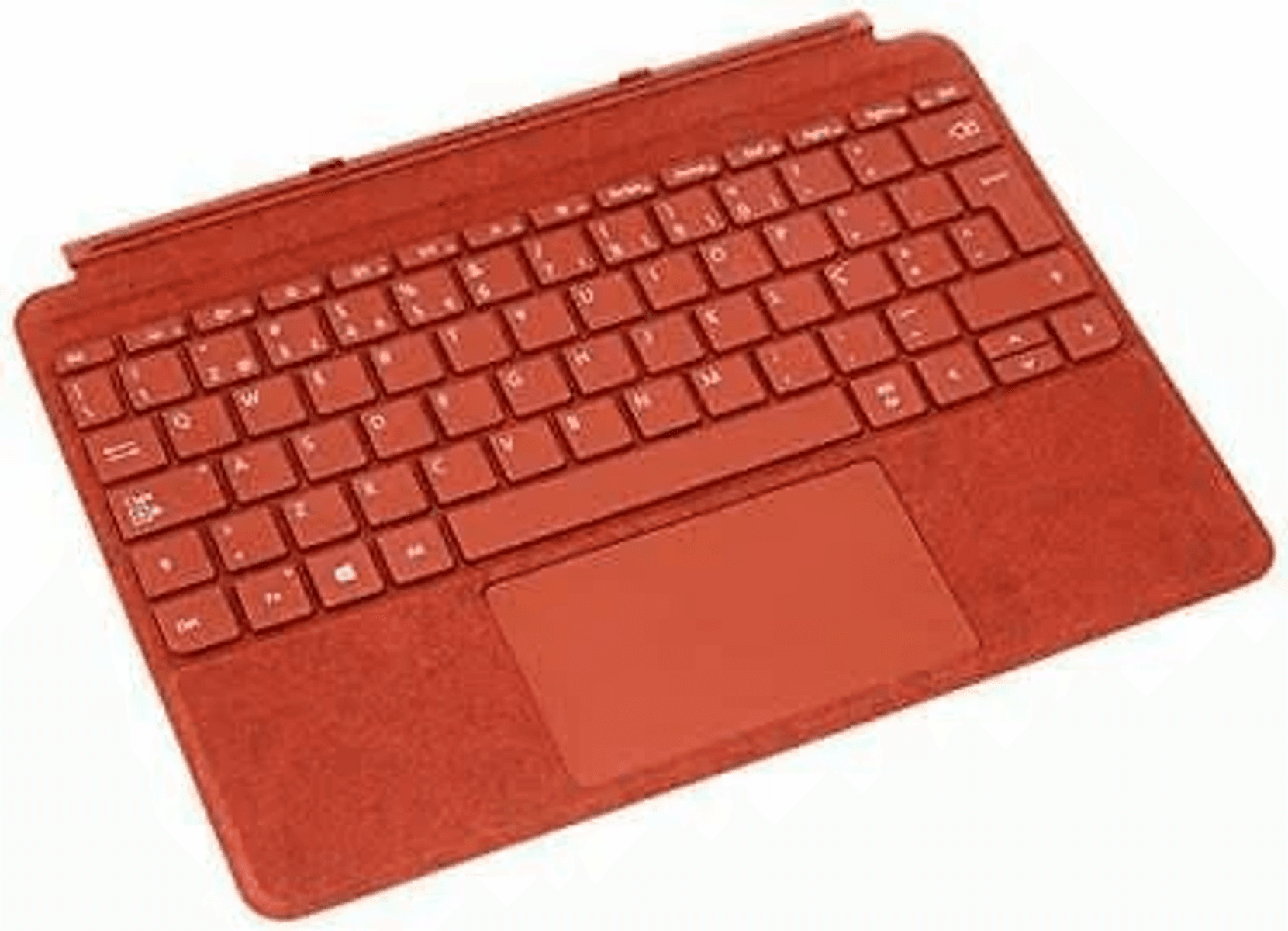 Una cubierta de teclado roja con panel táctil sobre fondo blanco.