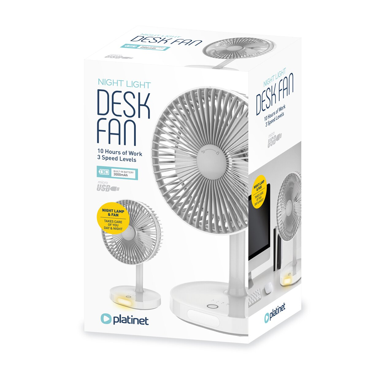 Ein weißer Schreibtischventilator mit Nachtlichtfunktion, 3 Geschwindigkeitsstufen.