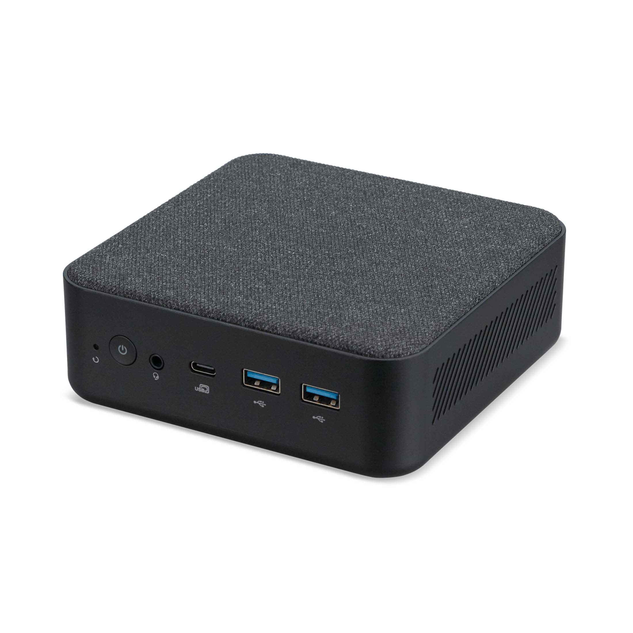 Ein kleiner schwarzer Computer mit Stoffoberseite und USB-Anschlüssen.