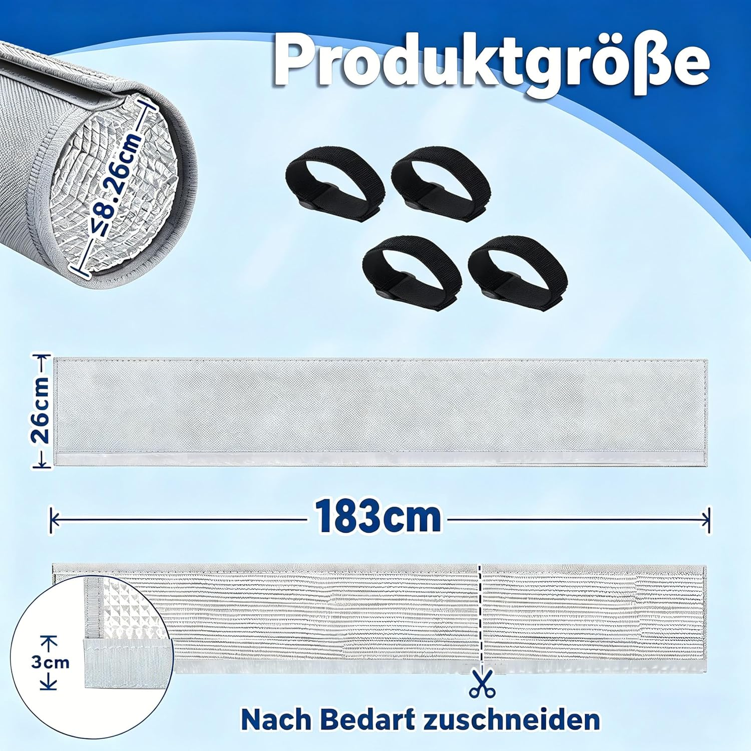 Produktmaße: 183cm x 26cm. Enthält vier schwarze Gurte. Maximaler Durchmesser 8,26cm.