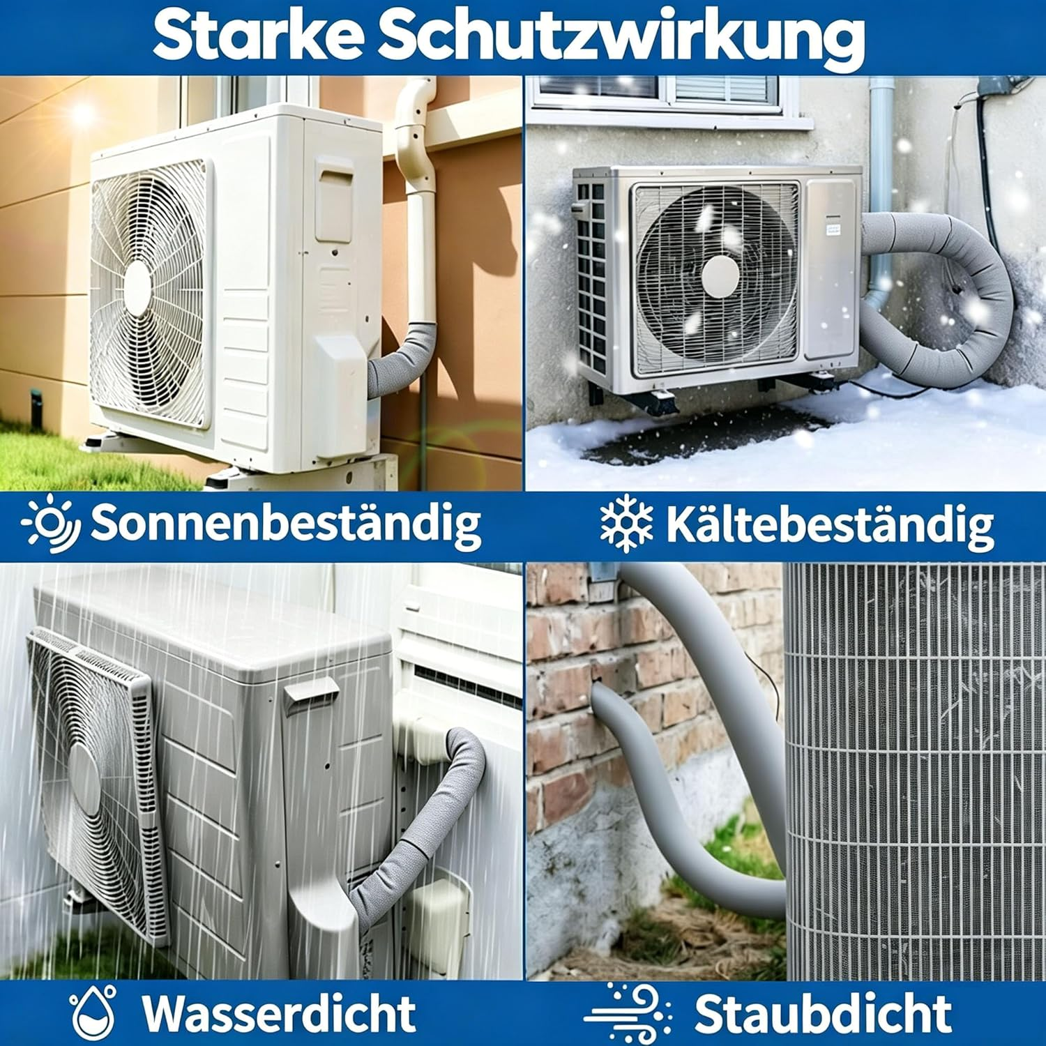 Vier Szenen zeigen Klimaanlagen-Außengeräte bei Sonne, Schnee, Regen und Wind.