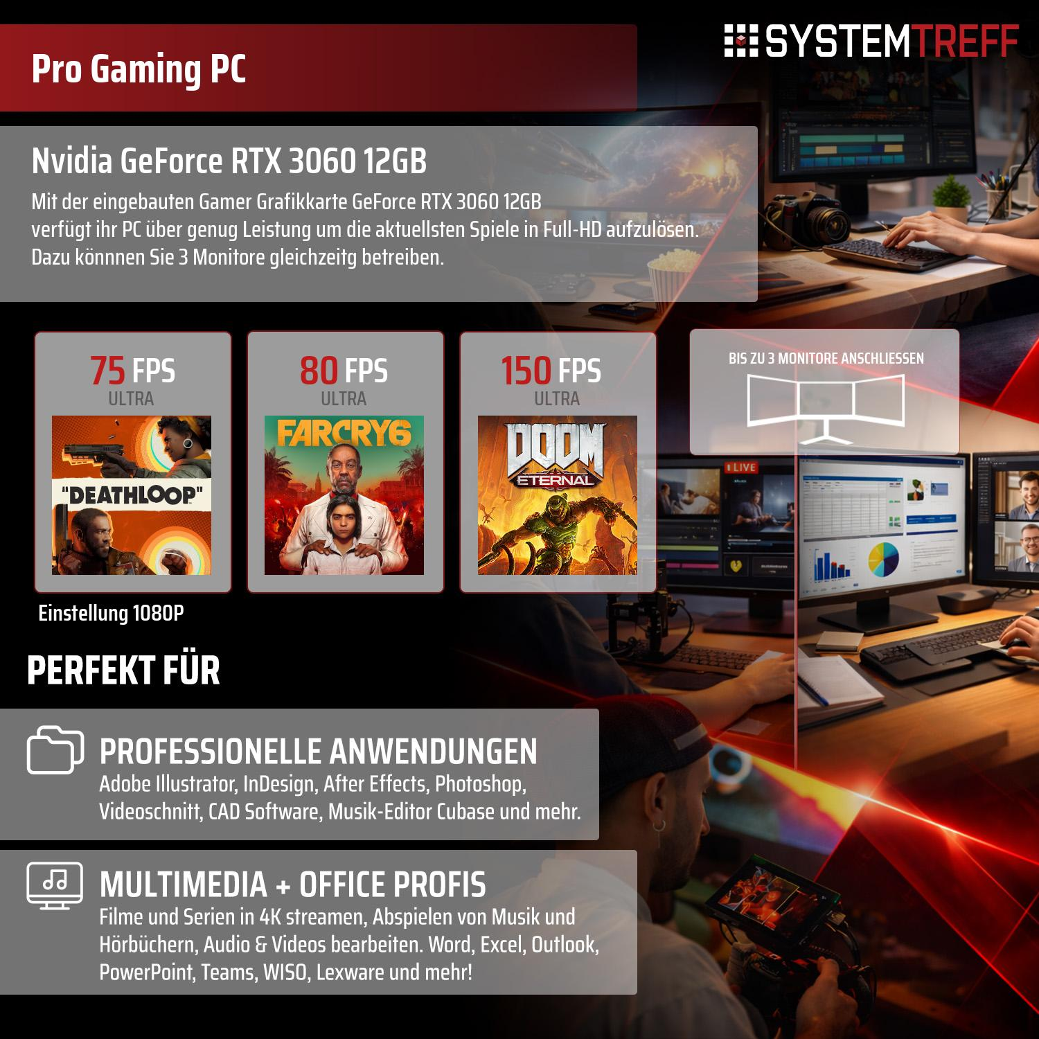 Nvidia RTX 3060 PC: Gaming, Editing, Office. Unterstützt 3 Monitore. Bilder zeigen Spiele.