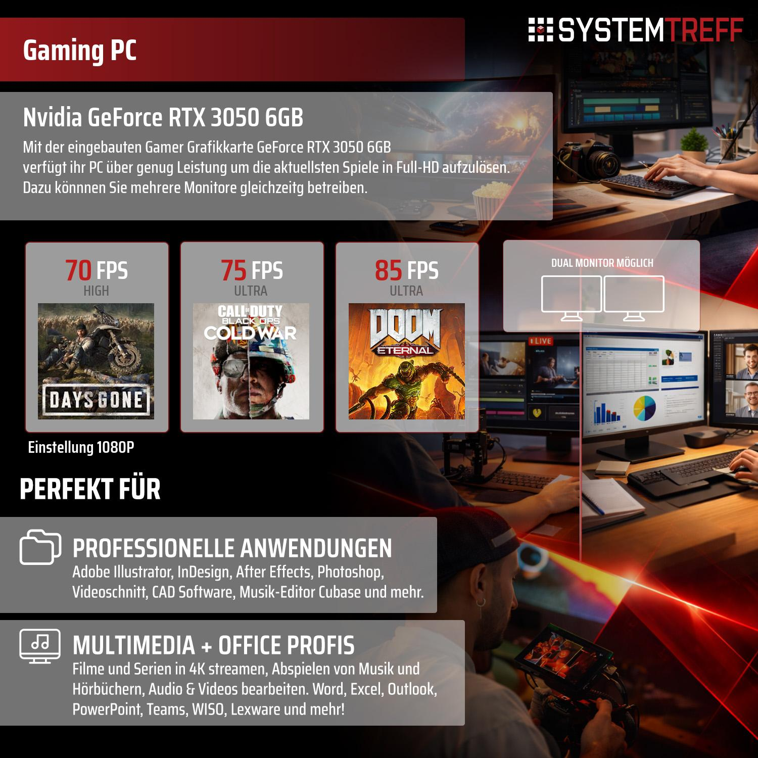 Gaming PC mit RTX 3050 6GB: zeigt Spiele-FPS & Profi-Anwendungen.