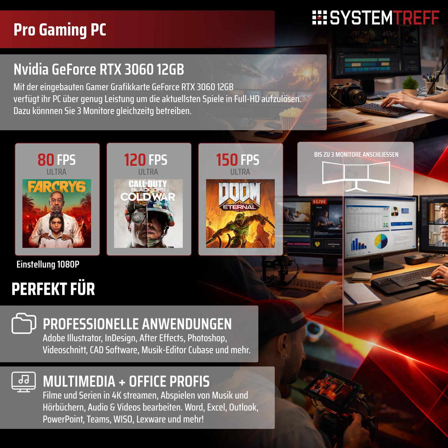 Gaming PC mit RTX 3060 12GB, zeigt Spiele-FPS und professionelle Anwendungen.