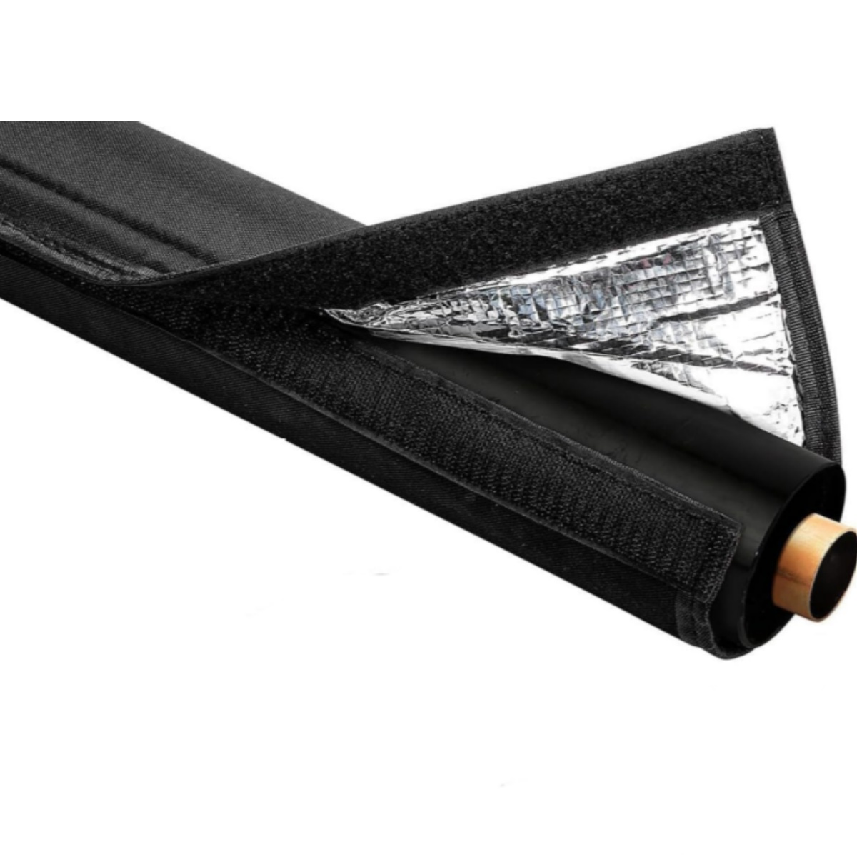 Schwarze Tasche mit reflektierendem Futter und Klettverschluss, aufgerollt.