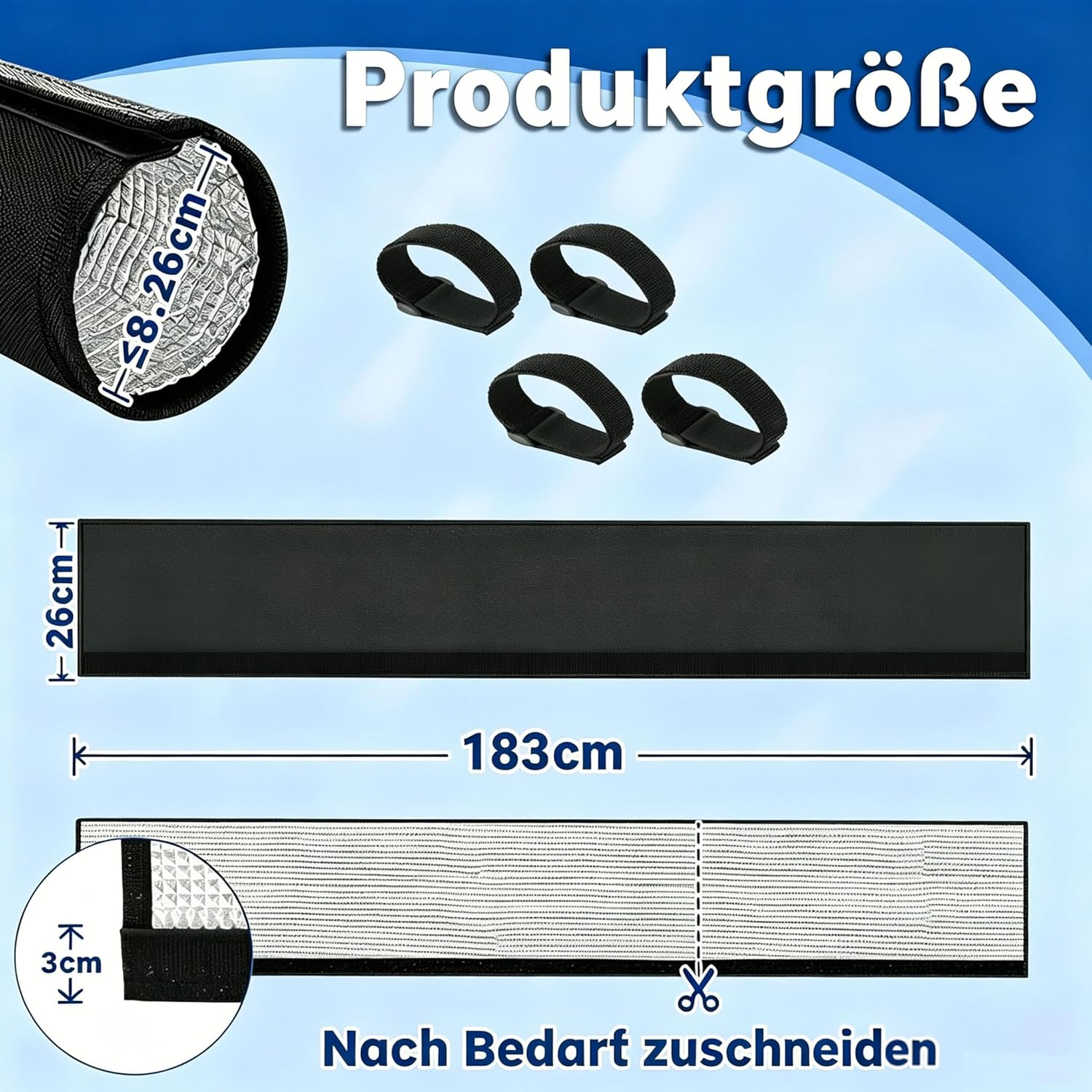 Produktgröße: 8,26cm rund, 26cm hoch, 183cm lang. 4 Klettbänder.