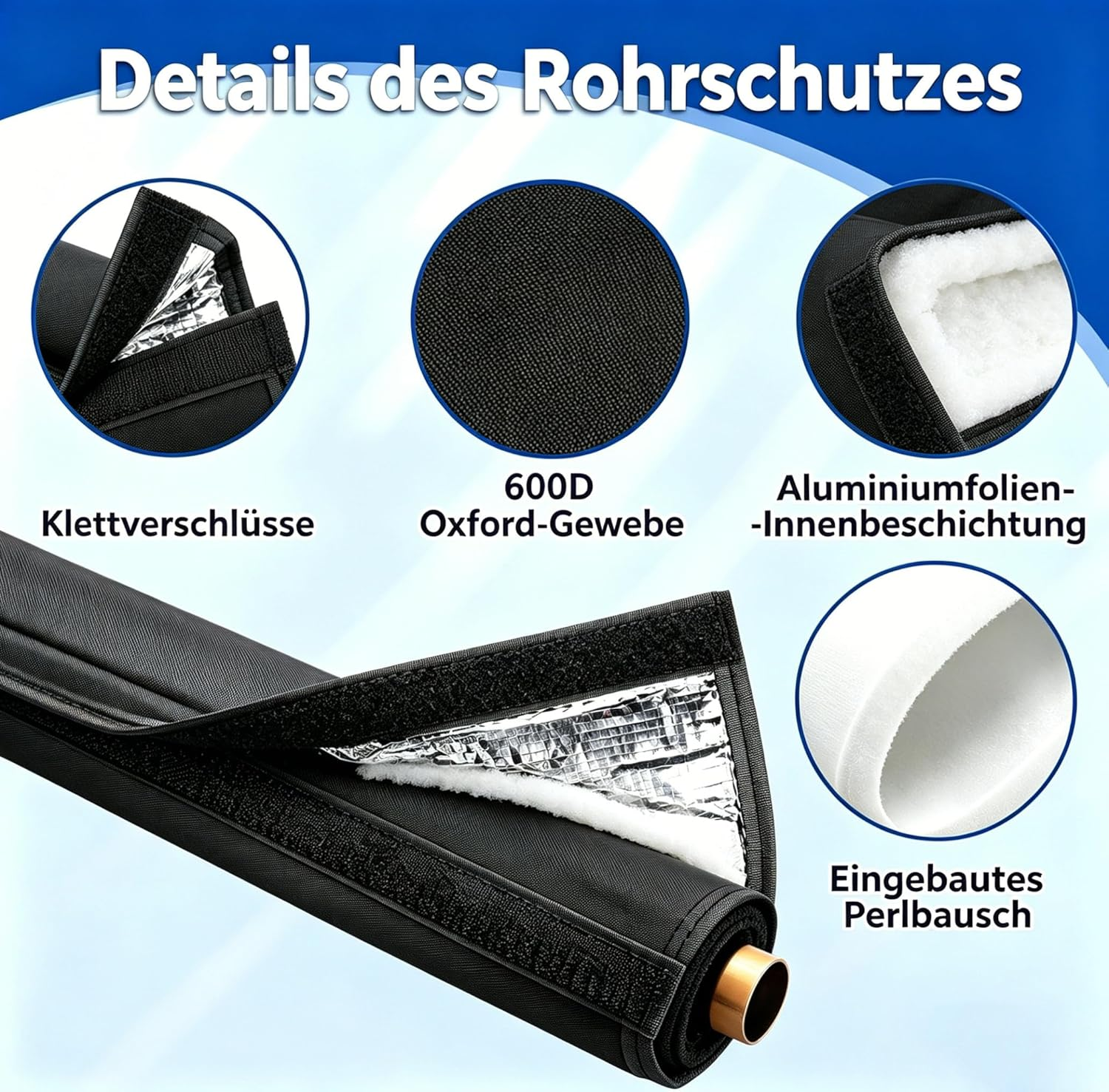 Schwarzer Rohrschutz mit Klettverschlüssen, Oxford-Gewebe, Aluminiumfolie und Perlschaum.