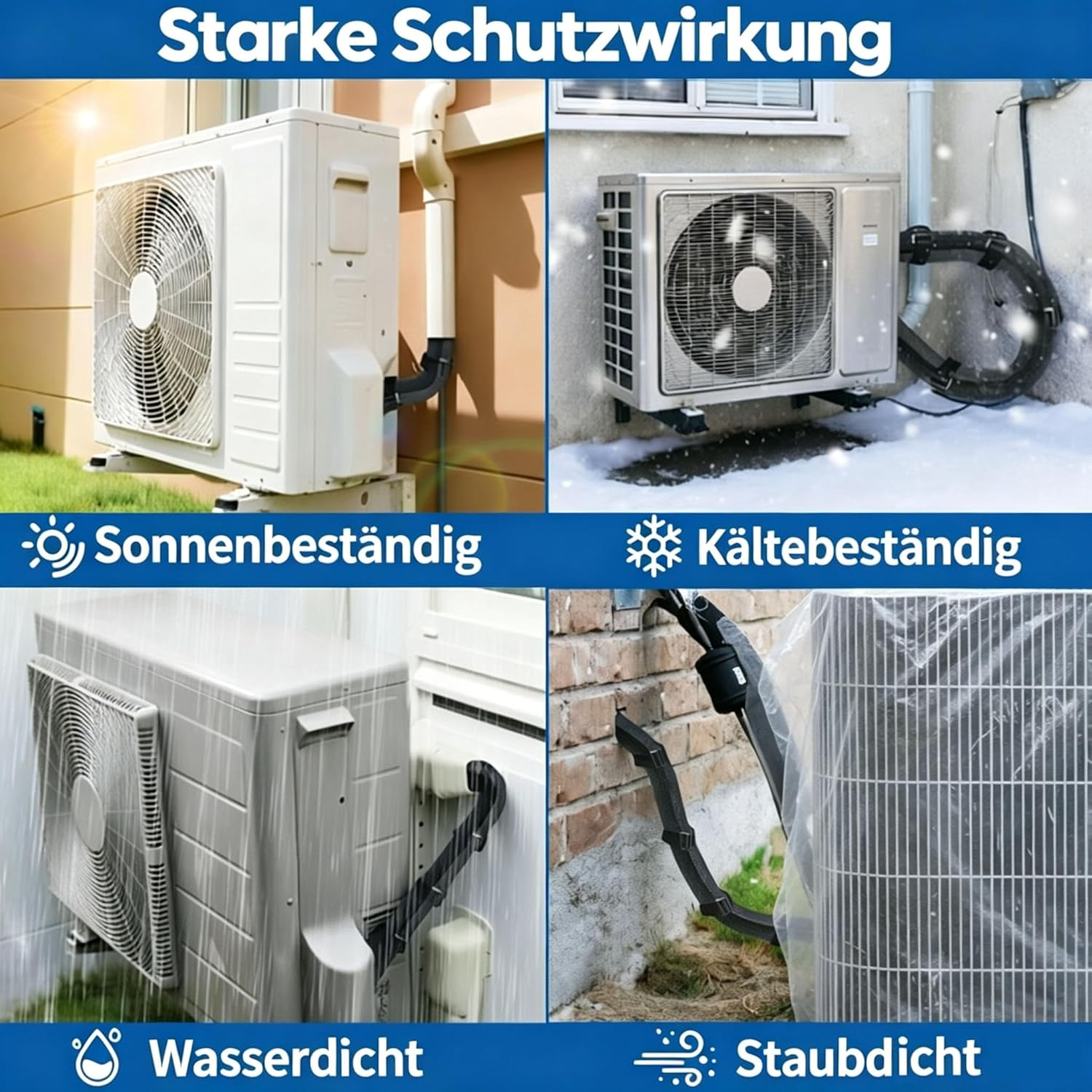 Vier Klimaanlagen-Einheiten zeigen Widerstandsfähigkeit gegen Sonne, Schnee, Wasser und Staub.