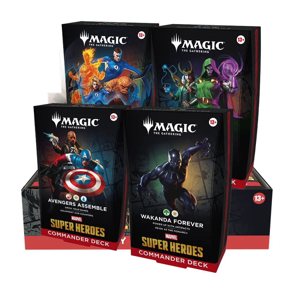 Vier Magic: The Gathering Superhelden Commander Decks mit Avengers & Black Panther.